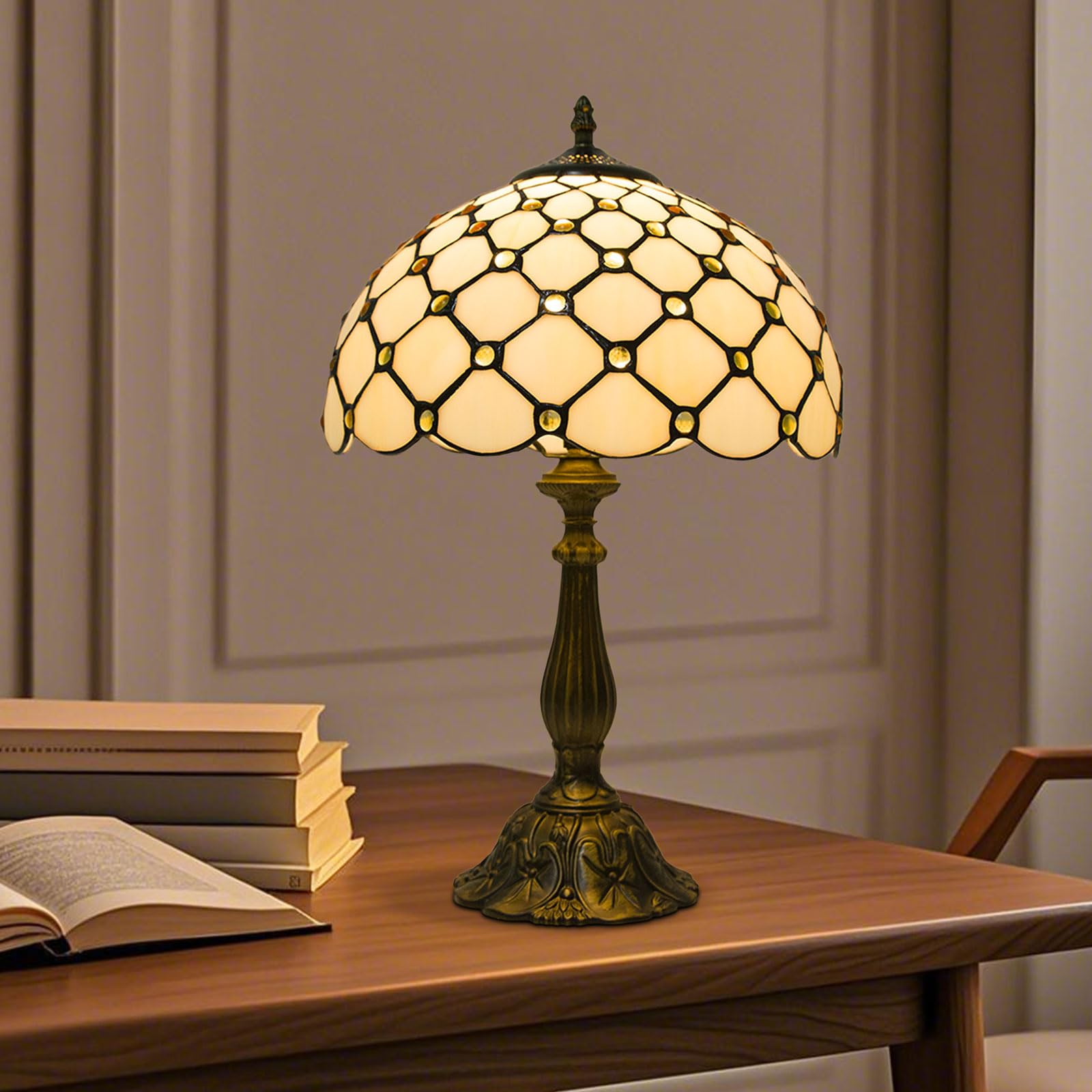 12 Inch Tiffany Table Lamps With Remote Control  Stained Glass Lamp With Stepless Dimmable Colors Temperature & Brightness For Living Room Bedroom Office  9W Bulb Included (White Bead Curtain)