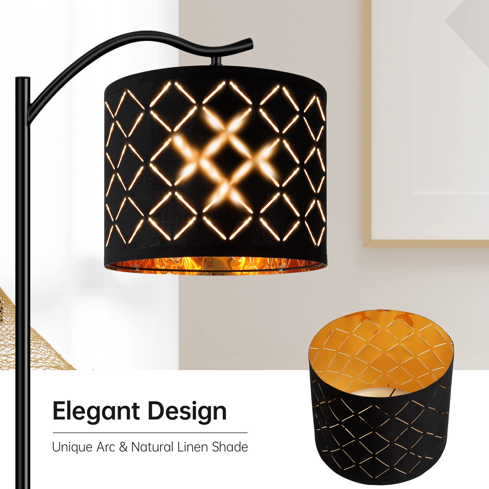 BoostArea LED Arched Floor Lamp, 8W Modern Metal Lamp with Bohemian Linen Shade, Footswitch, Laser Square Shade for Living Room & Office