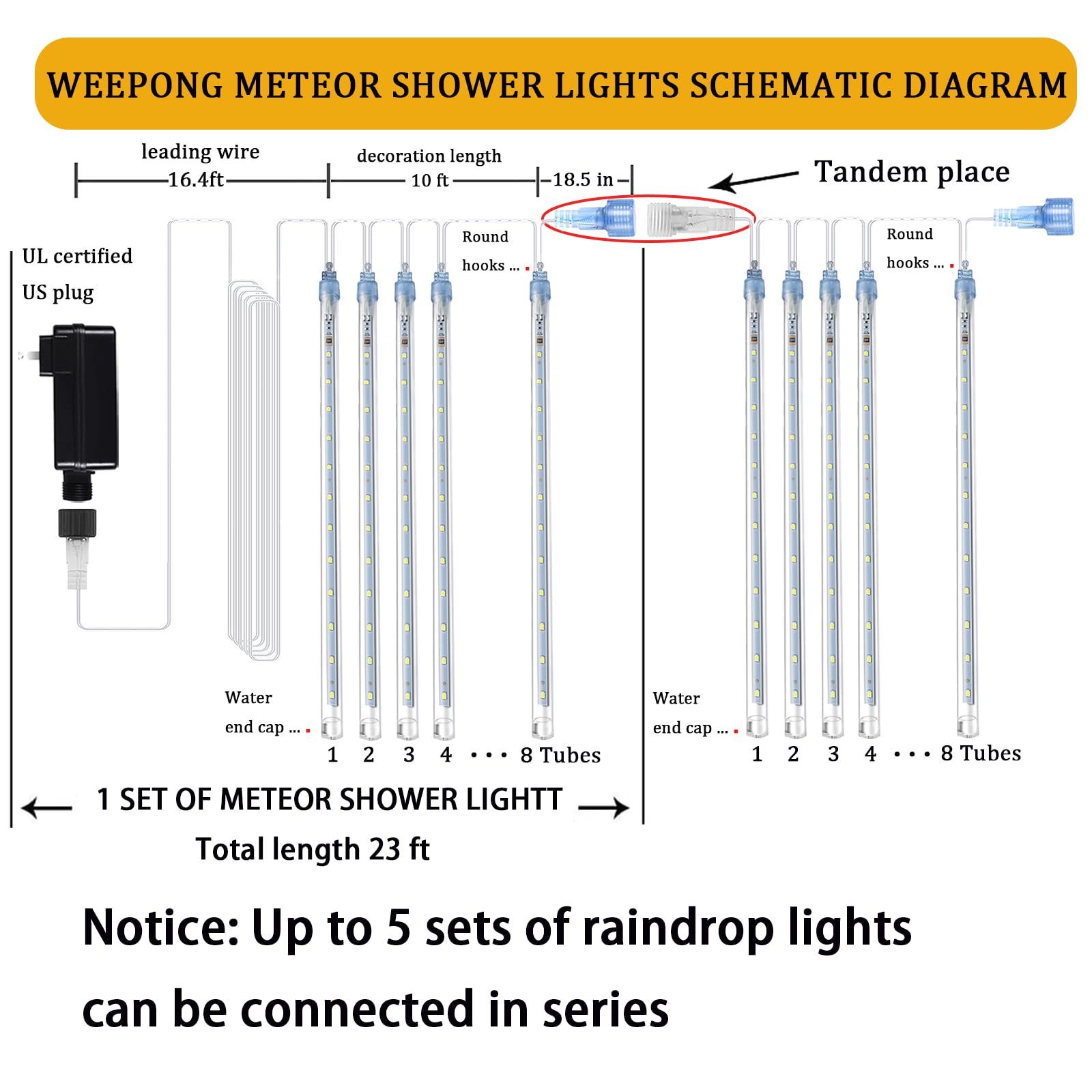 Weepong Meteor Shower Lights, 8 Tube, 192 LED, Outdoor Christmas Decor, 30CM, Green, Model WEP-FRL-GR