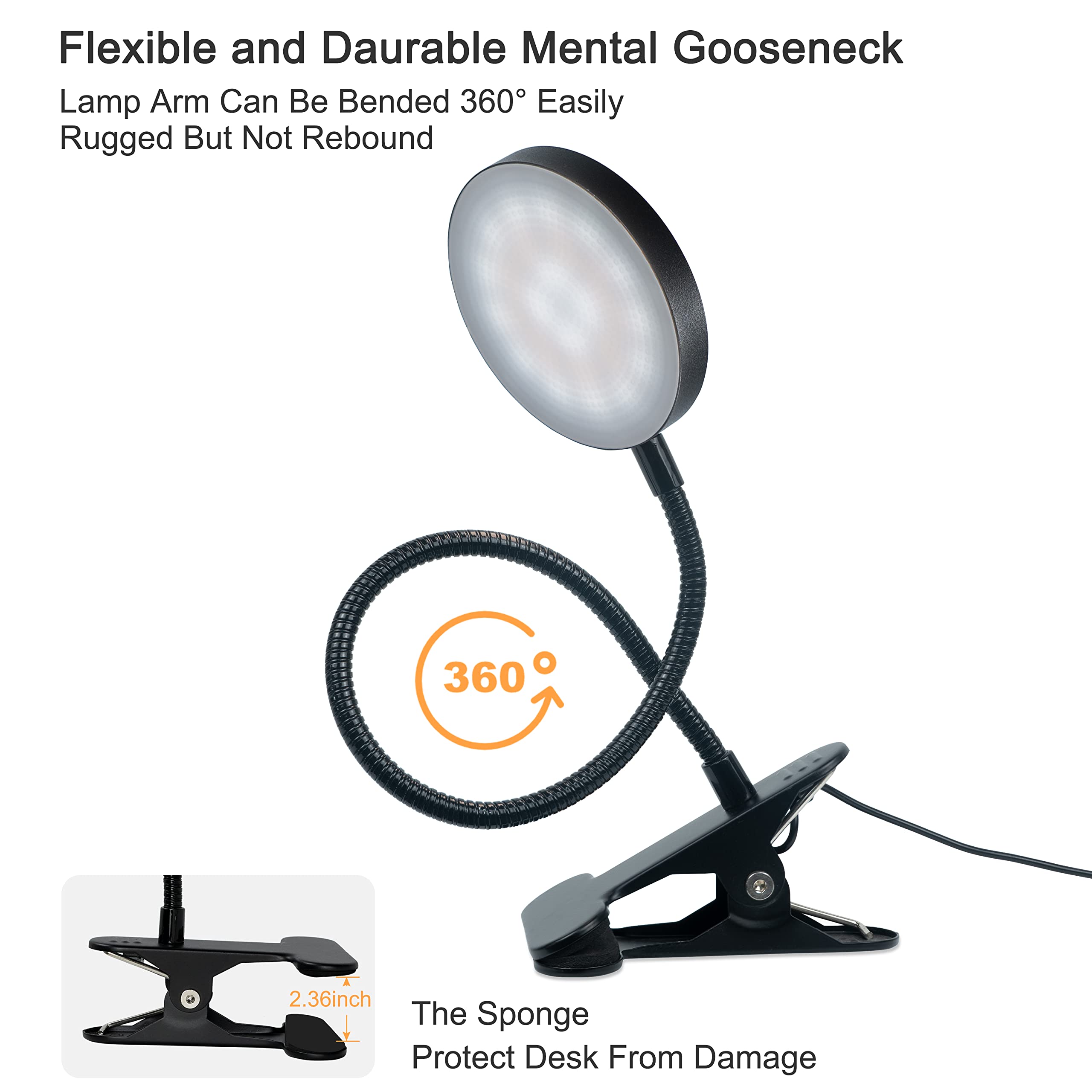 LiFMIRA Desk Lamp 8W LED Light, Eye-Caring Metal Clip, 5 Color & 10 Brightness Levels, Flexible Gooseneck, Black, Model 8010A-