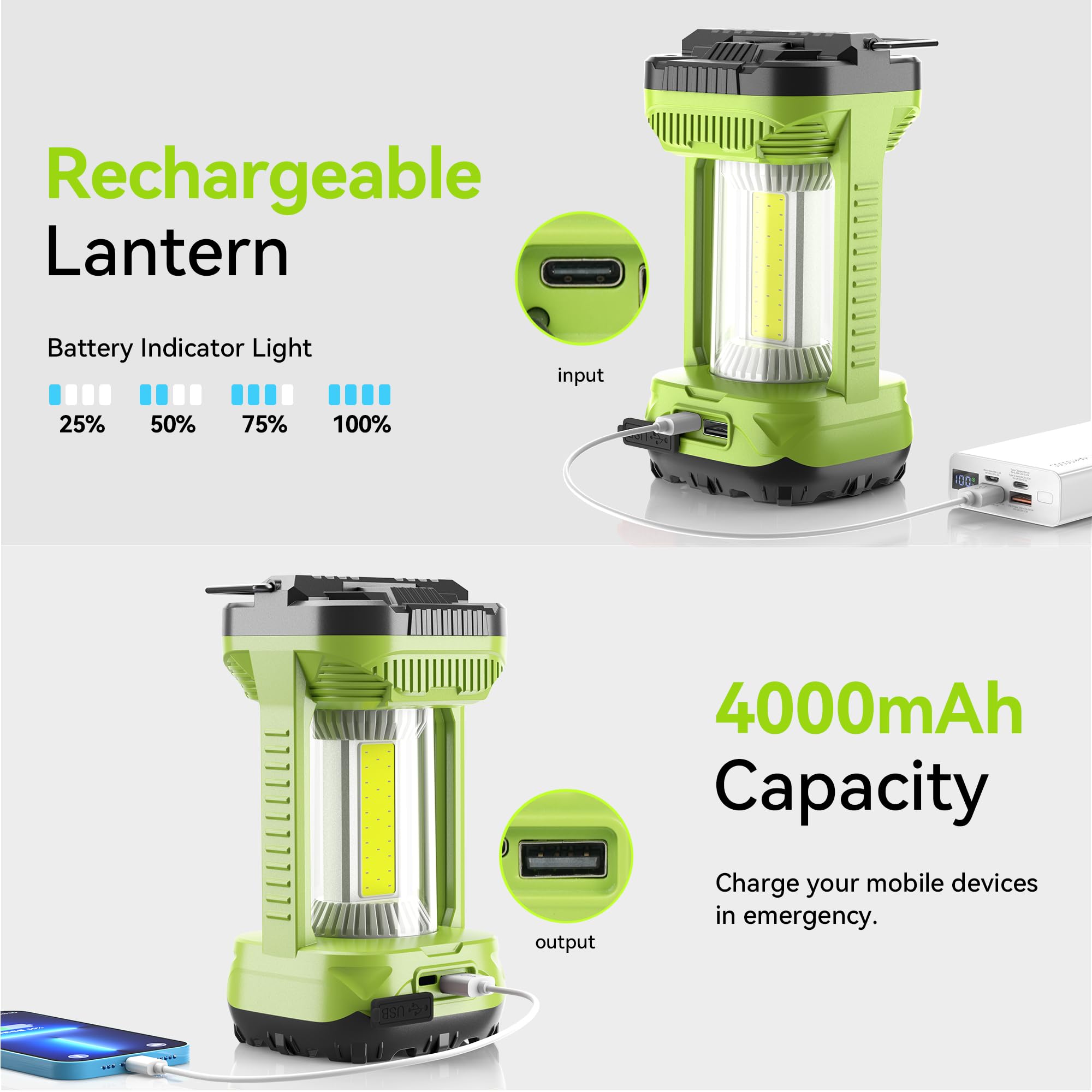 AlpsWolf Rechargeable Camping Lantern, 4000mAh LED Light, Super Bright, Green, Model CLV310-G1, Portable Emergency Lamp, 1 Pack