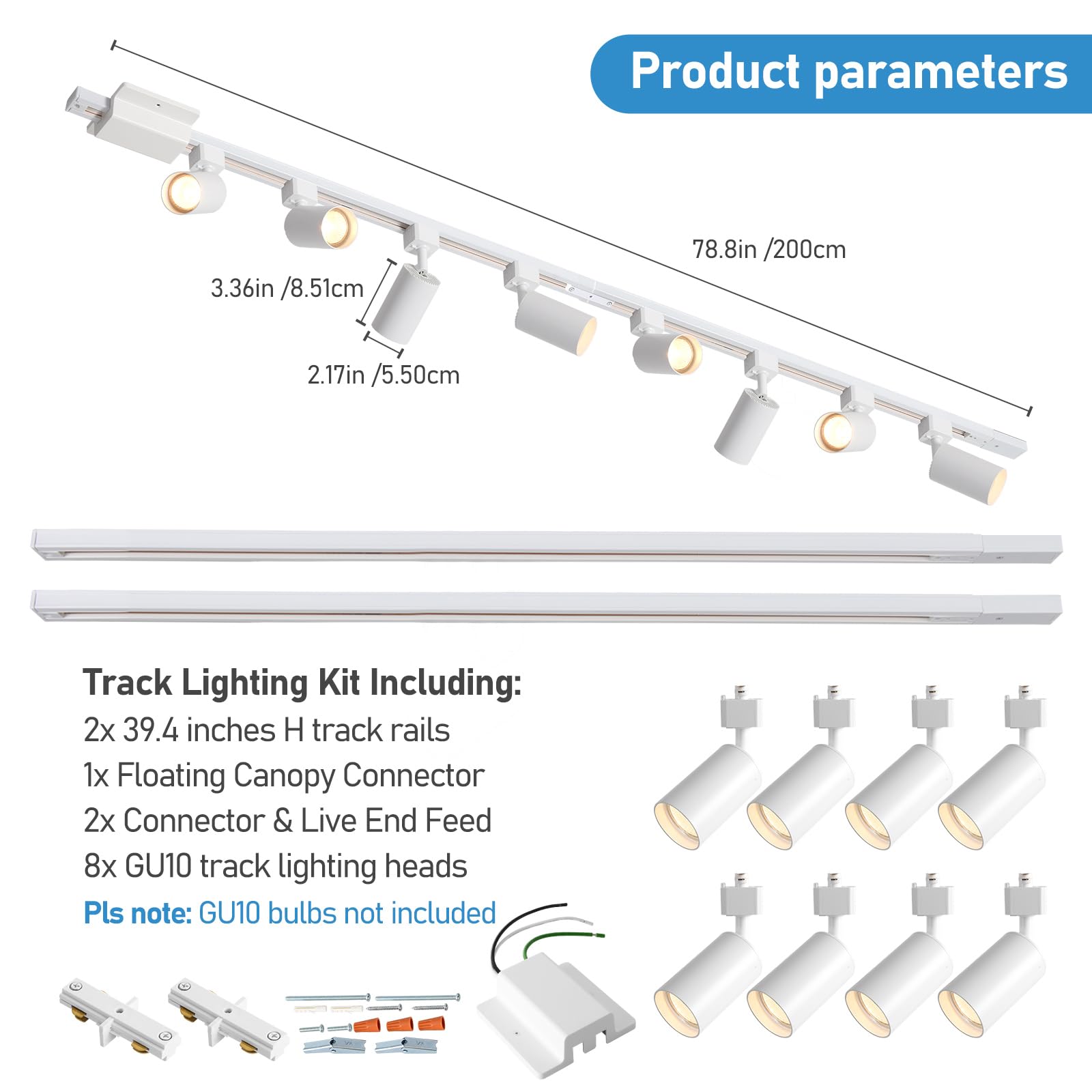 Hiiglxii 8-Light Led Track Lighting Kit With 6.6Ft H Track Lighting Rails & Floating Canopy Connector  Gu10 Track Light Kit  Modern Kitchen Track Lighting Fixtures Ceiling Spot Light  White (No Bulbs)