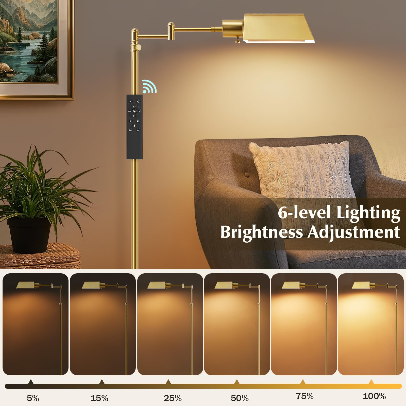GyroVu Pharmacy Floor Lamp, 350? Swing Arm, 3 Color Temperatures, Metal Shade, 54inH x 9inW x 9inD, Black