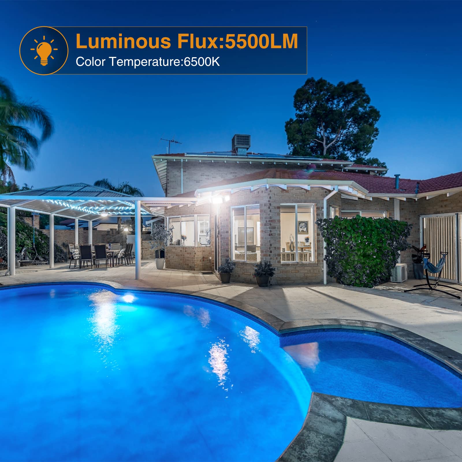 Onforu 55W Led Security Light, 5500Lm Outdoor Flood Lights Fixture With 3 Adjustable Heads, Ip65 Waterproof, 6500K White Super B