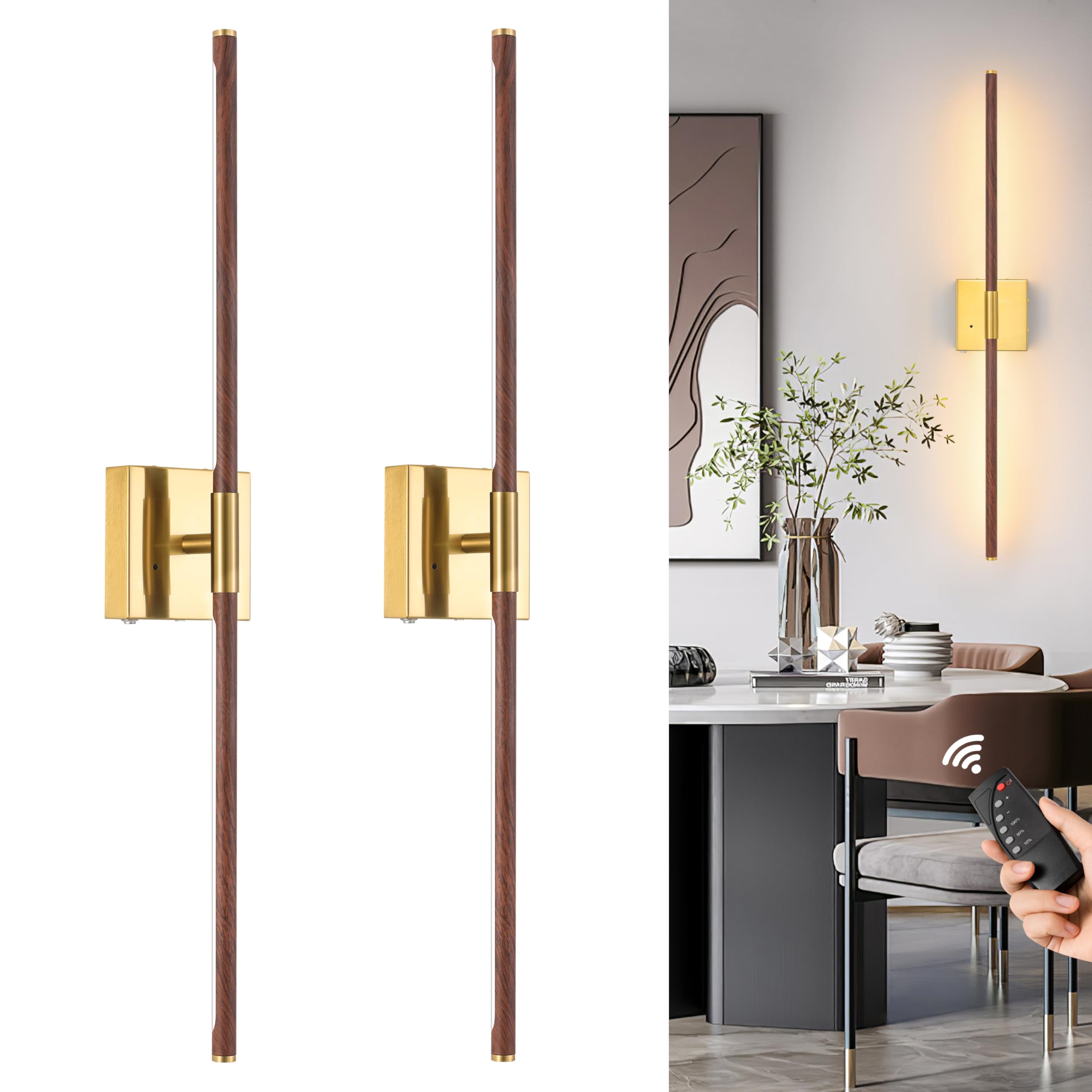 Morauroral 36 Inch Battery Operated Wall Sconces Set of 2, Dimmable Battery Wall Sconce with Remote Control, Walnut Gold LED Rec