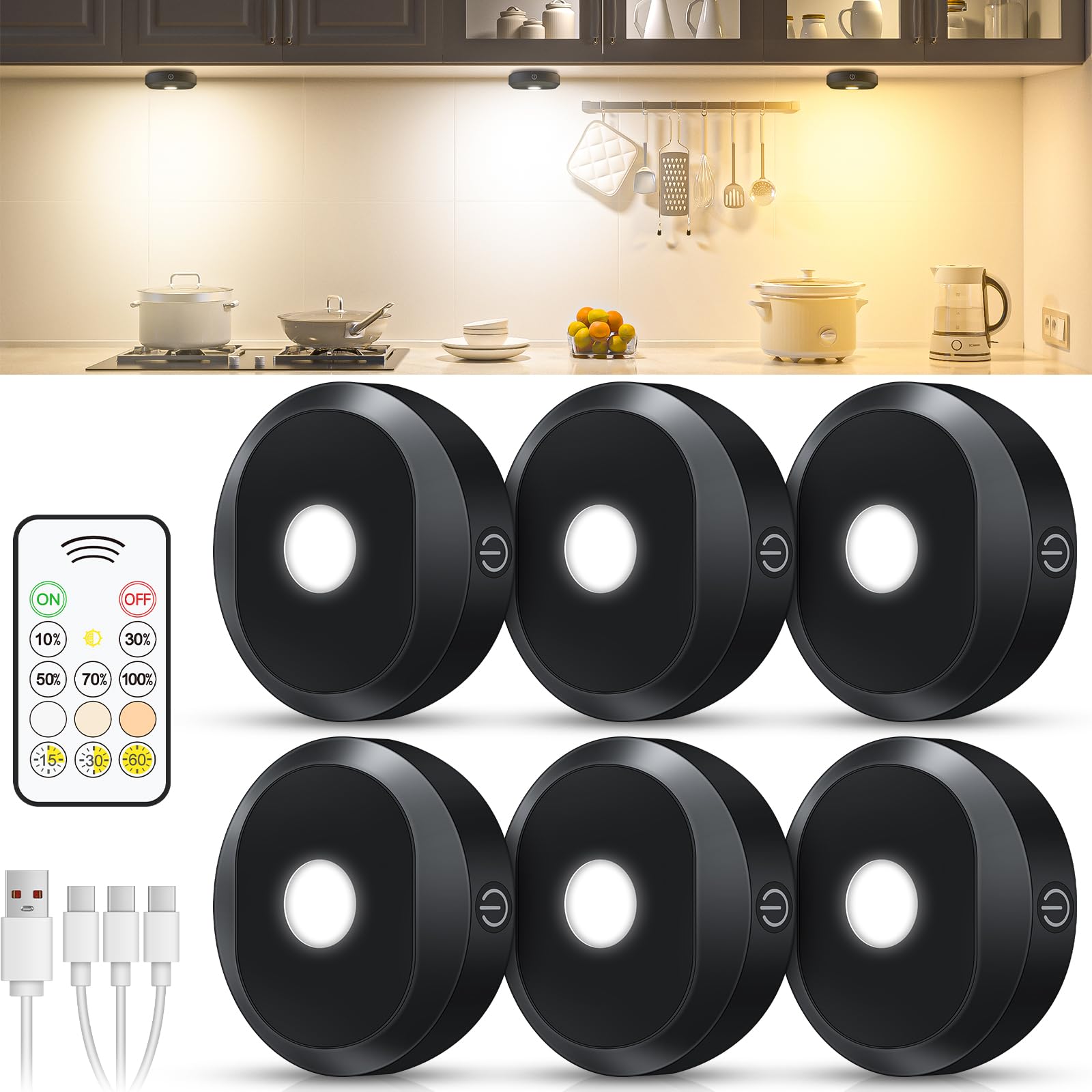 WILLED Under Cabinet Lighting Wireless,Rechargeable Puck Lights with Remote Control,Battery Tap Light Stick On,3 Colors and Time