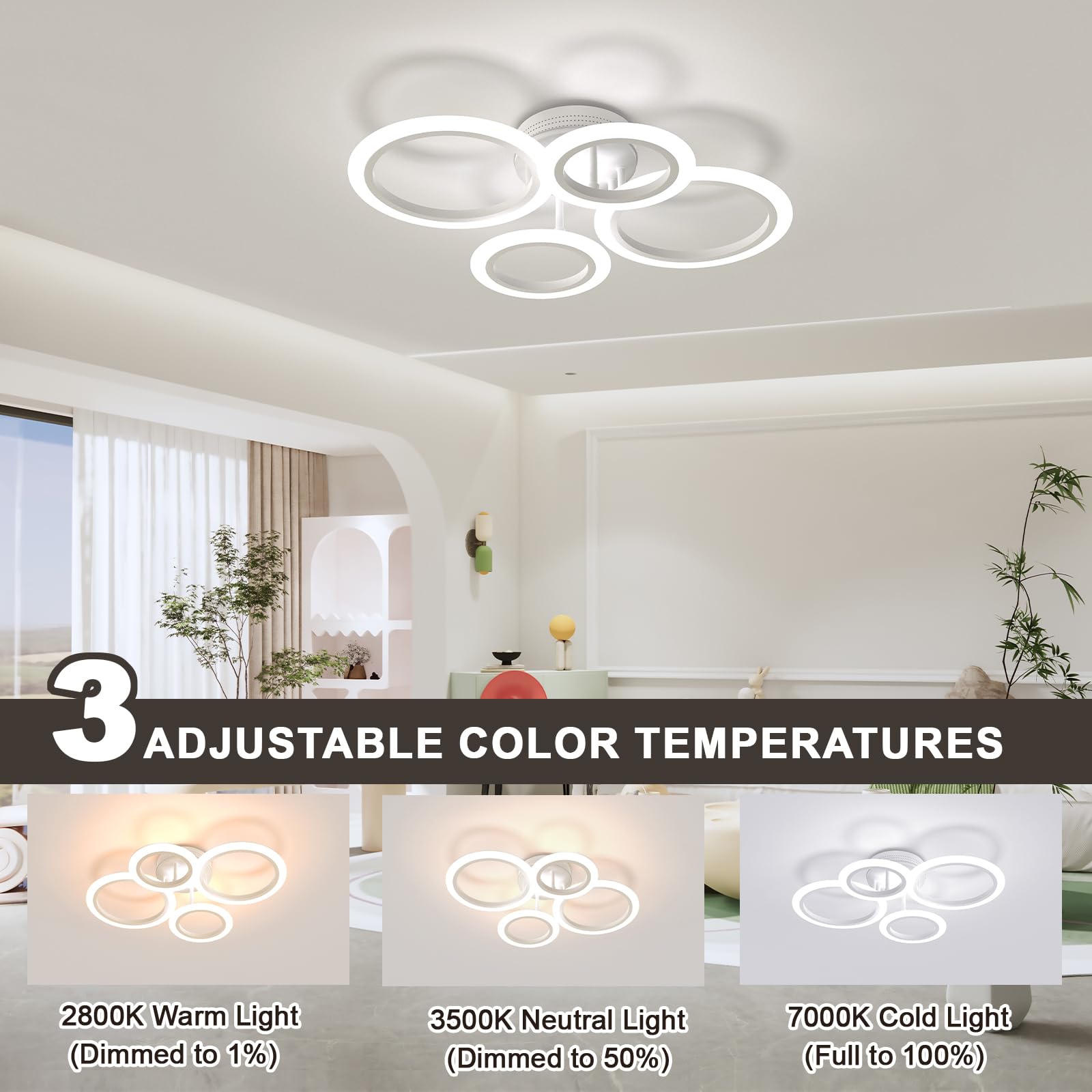 OUQI LED Ceiling Light 48W Dimmable 2800-7000K 4 Rings Modern Chandelier Flush Mount White Acrylic for Kitchen, Small Room, Bedroom