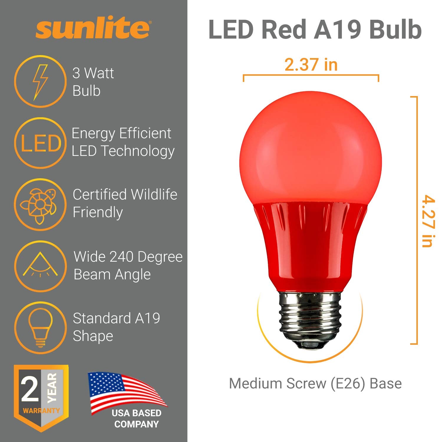 Sunlite 80148 Led A19 Colored Light Bulb, 3 Watts (25W Equivalent), E26 Medium Base, Non-Dimmable, Ul Listed, Party Decoration, Holiday Lighting, 1 Count, Red