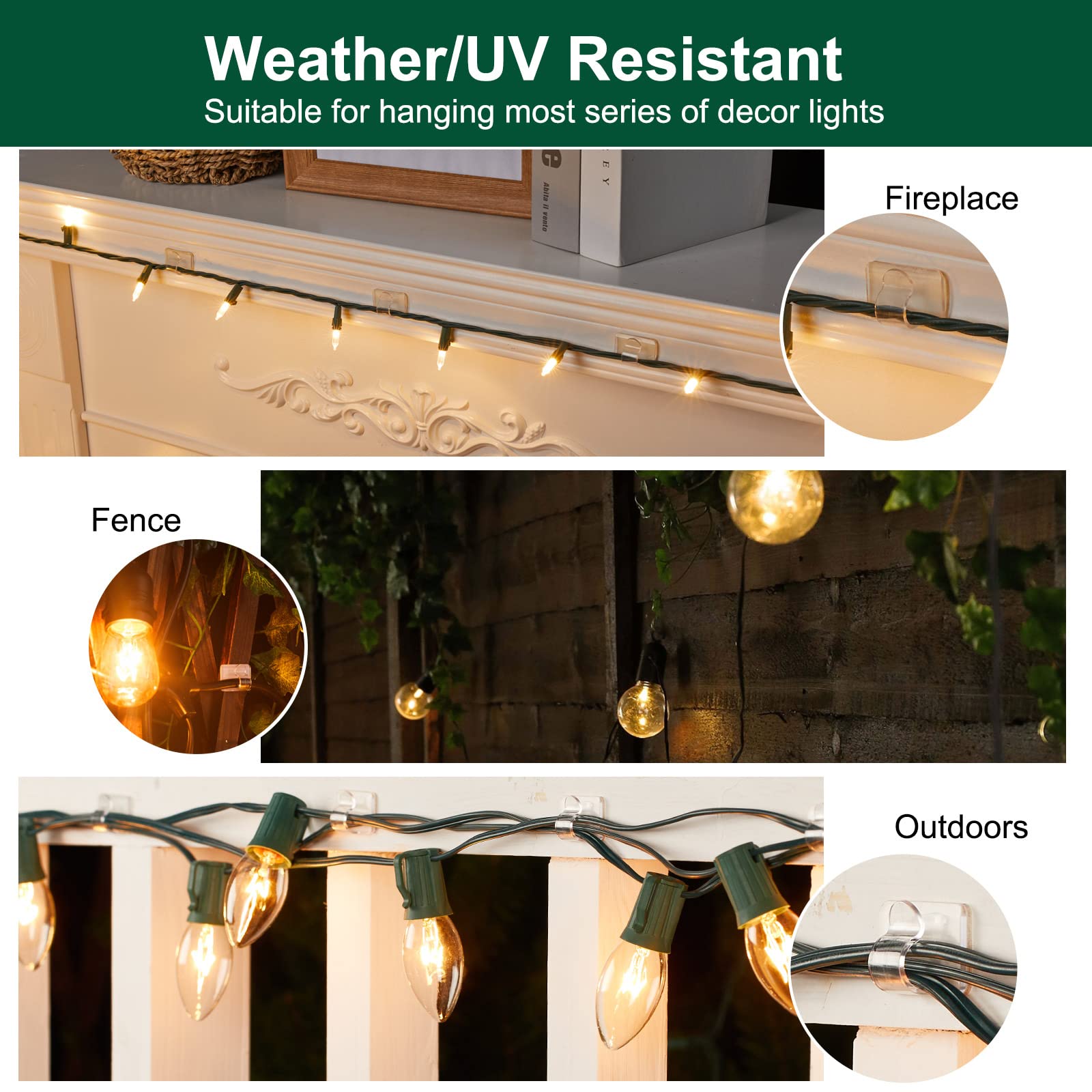 Brightown Clear Cable Clips, 25-Clips, 30-Stickers Adhesive Strips Cord Organizer, Uv-Resistant Material Light Clips Decorate Da