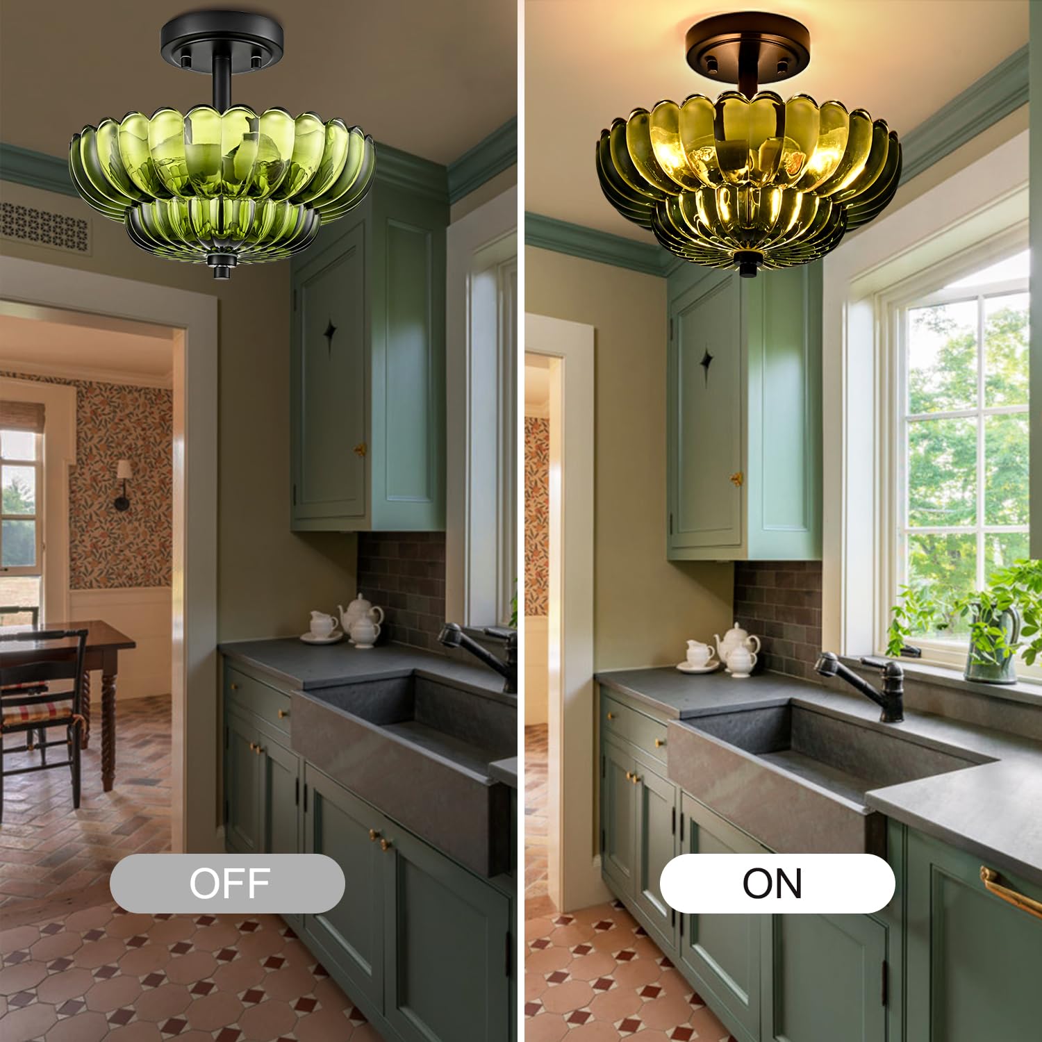 Semi Flush Mount Ceiling Light Fixture  Green Glass 3-Light Modern Vintage Ceiling Lights  Scalloped Close To Ceiling Light  Black Base Flush Mount Ceiling Light For Hallway Bedroom Entryway Kitchen