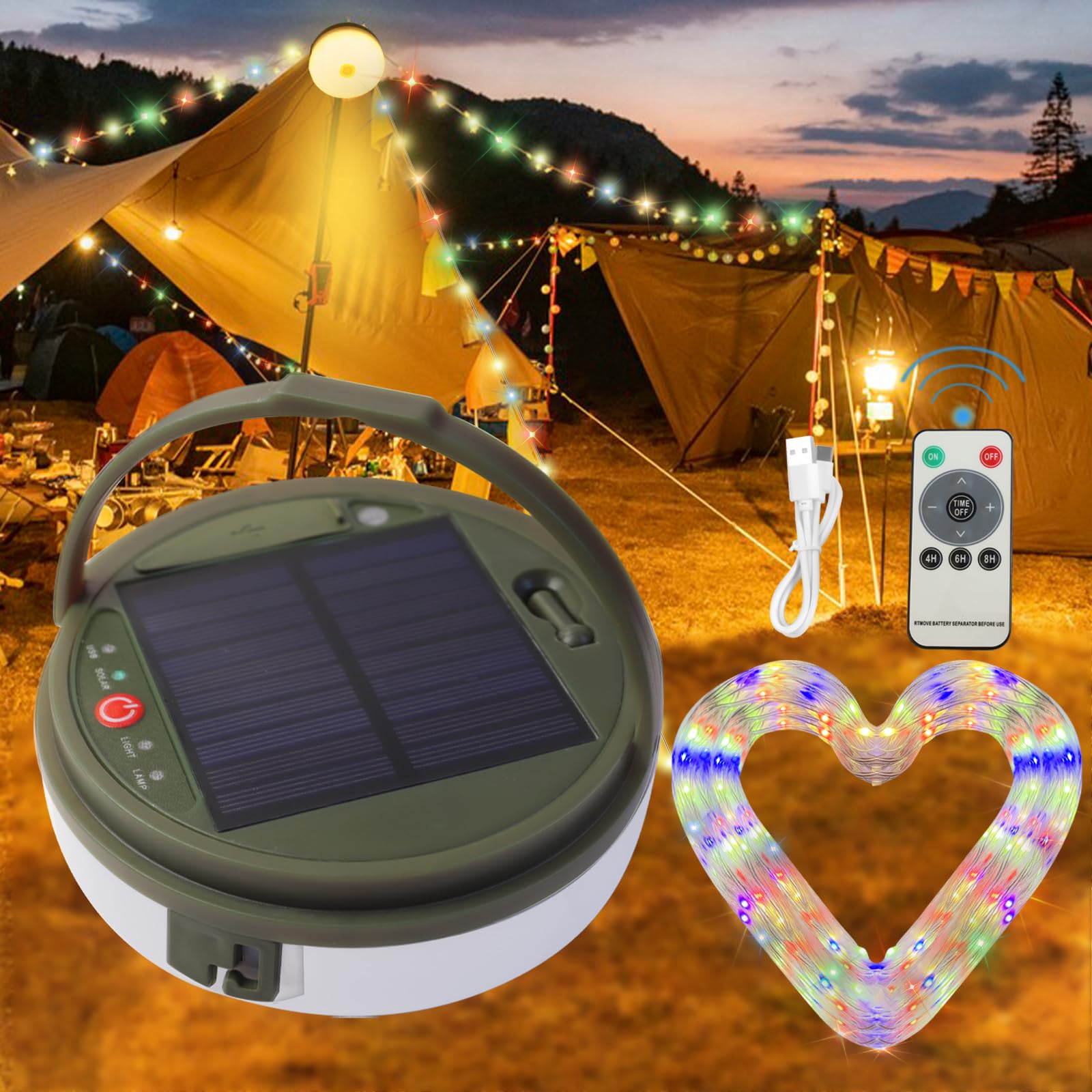 Solar Camping String Lights , 2 in 1 Multi-Color Outdoor String Lights with 8 Lighting Modes(39.4Ft), Solar Power and USB Rechar