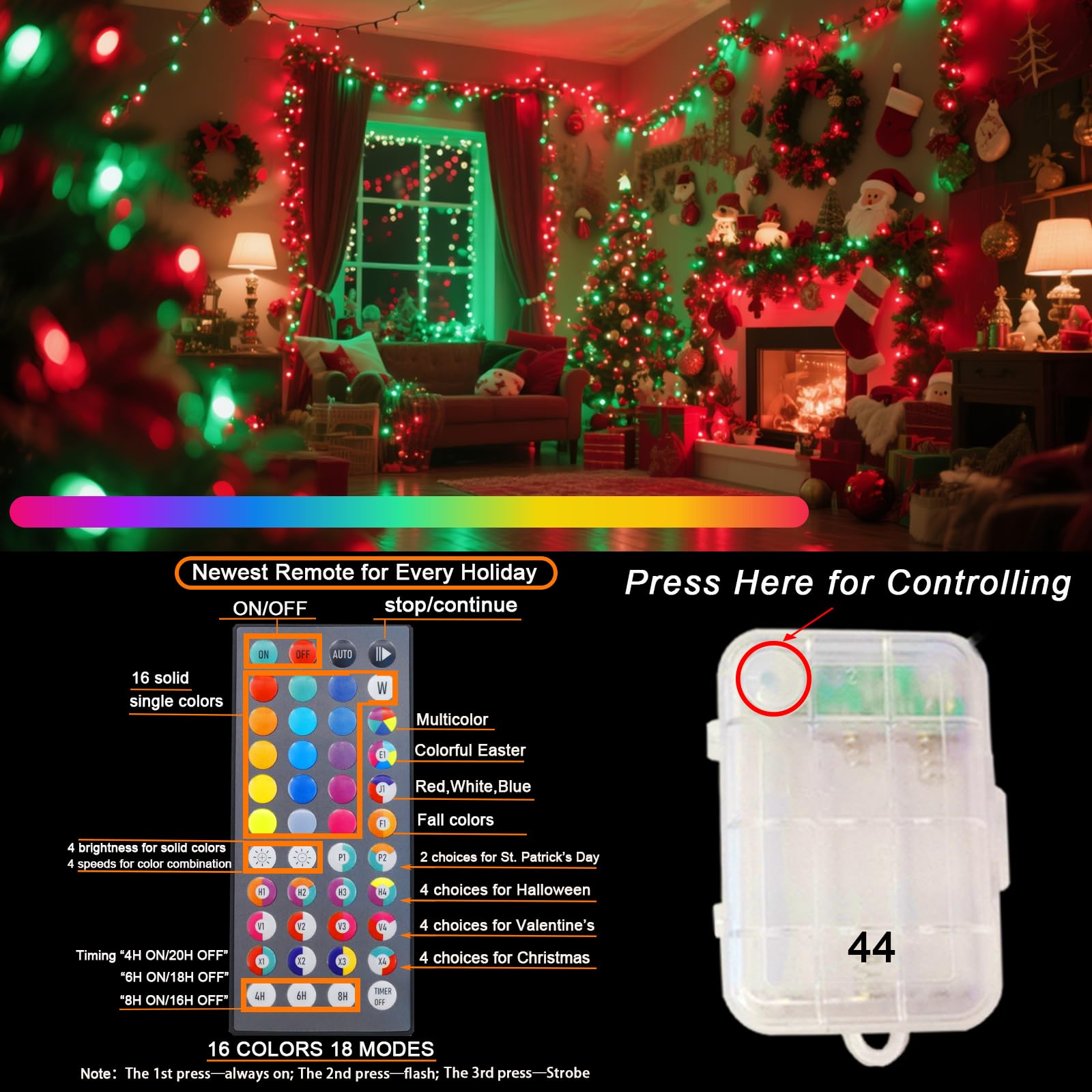 Pooqla Color Changing Christmas Lights, 200 LED Battery Powered String Lights, 66.6 FT, RGB with Remote, 2 Pack