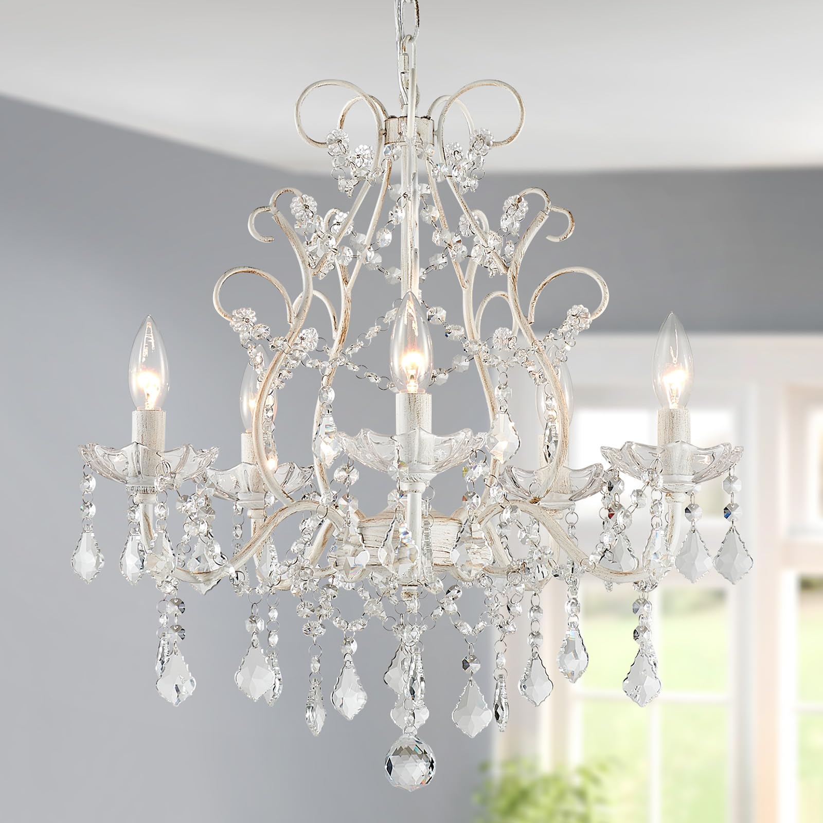 Wuzups 5-Light Crystal Candle Chandelier Pendant Ceiling Light Modern Lighting Fixture For Bedroom Hallway Bar Kitchen Bathroom  H 23.2 W 20.7  E12 Base  Rustic White