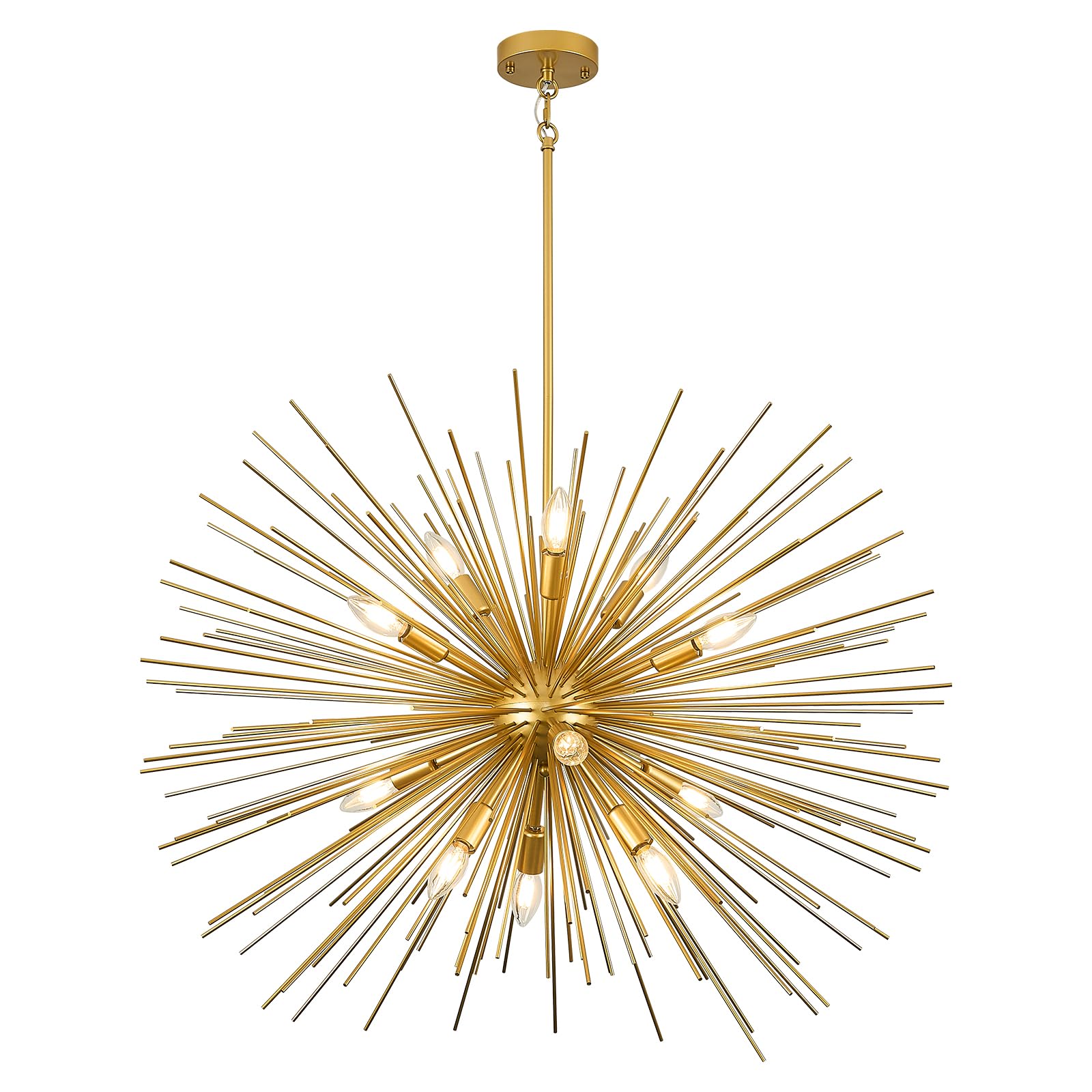 Fookchak 35In Gold Sputnik Chandelier 12-Light Starburst Chandelier Light Fixture Solid Metal Mid-Century Modern Satellite Light