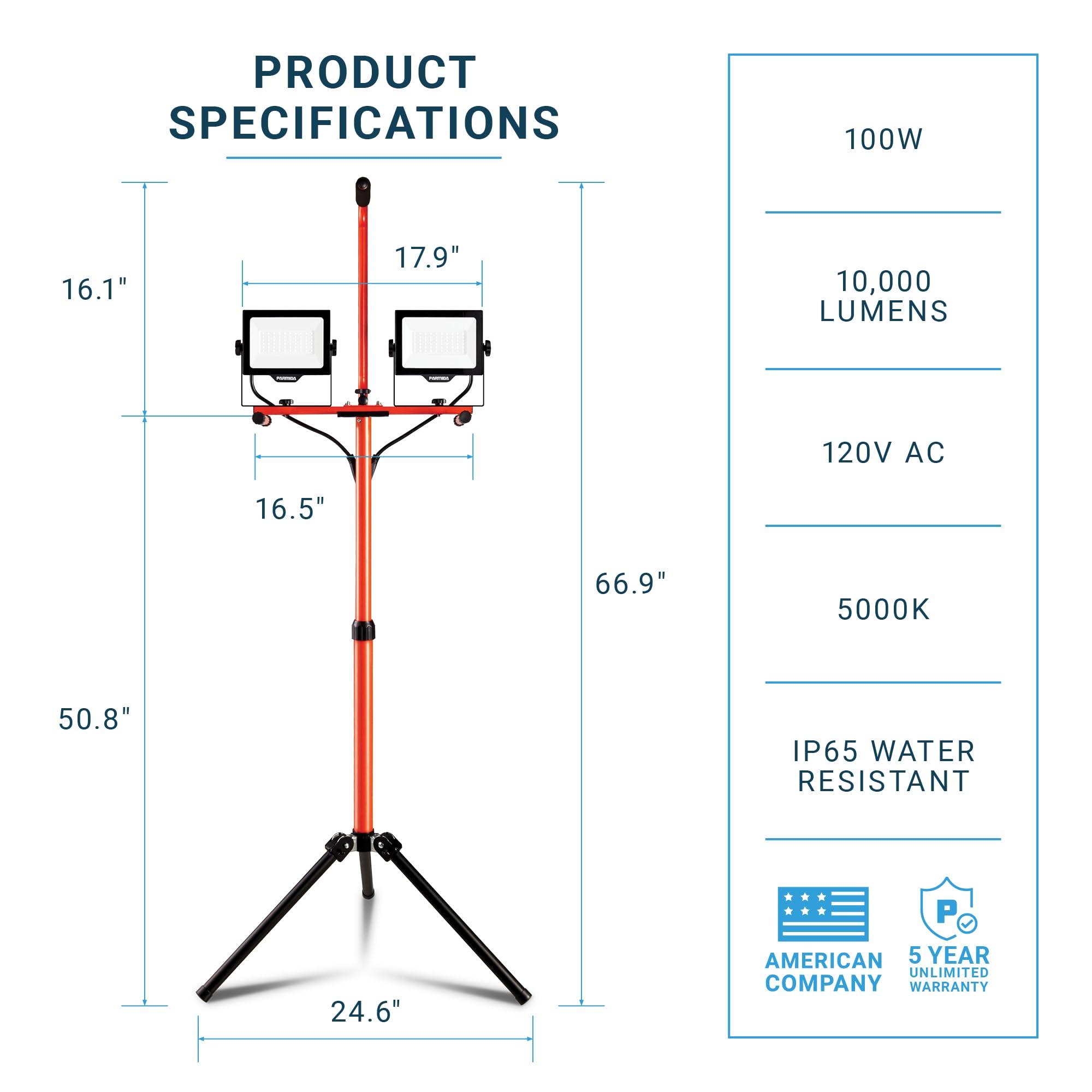 Parmida Led Dual-Head Work Light With Telescoping Tripod Stand Up To 6 Ft Tall, Ul Approved Cable, Durable Metal Body, 10,000 Lumen, 100W, Ip65 Waterproof, Rotating & Detachable Heads, 8 Ft Power Cord