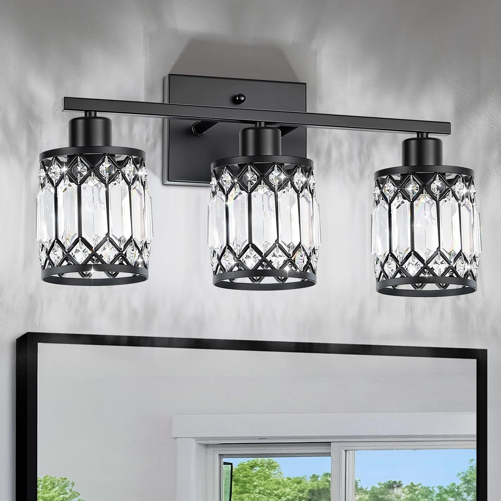 JZEKVN Crystal Modern Bathroom Light Fixtures, 3-Light Black Bathroom Vanity Wall Light, Vanity Lights for Mirror, Restroom, Bed
