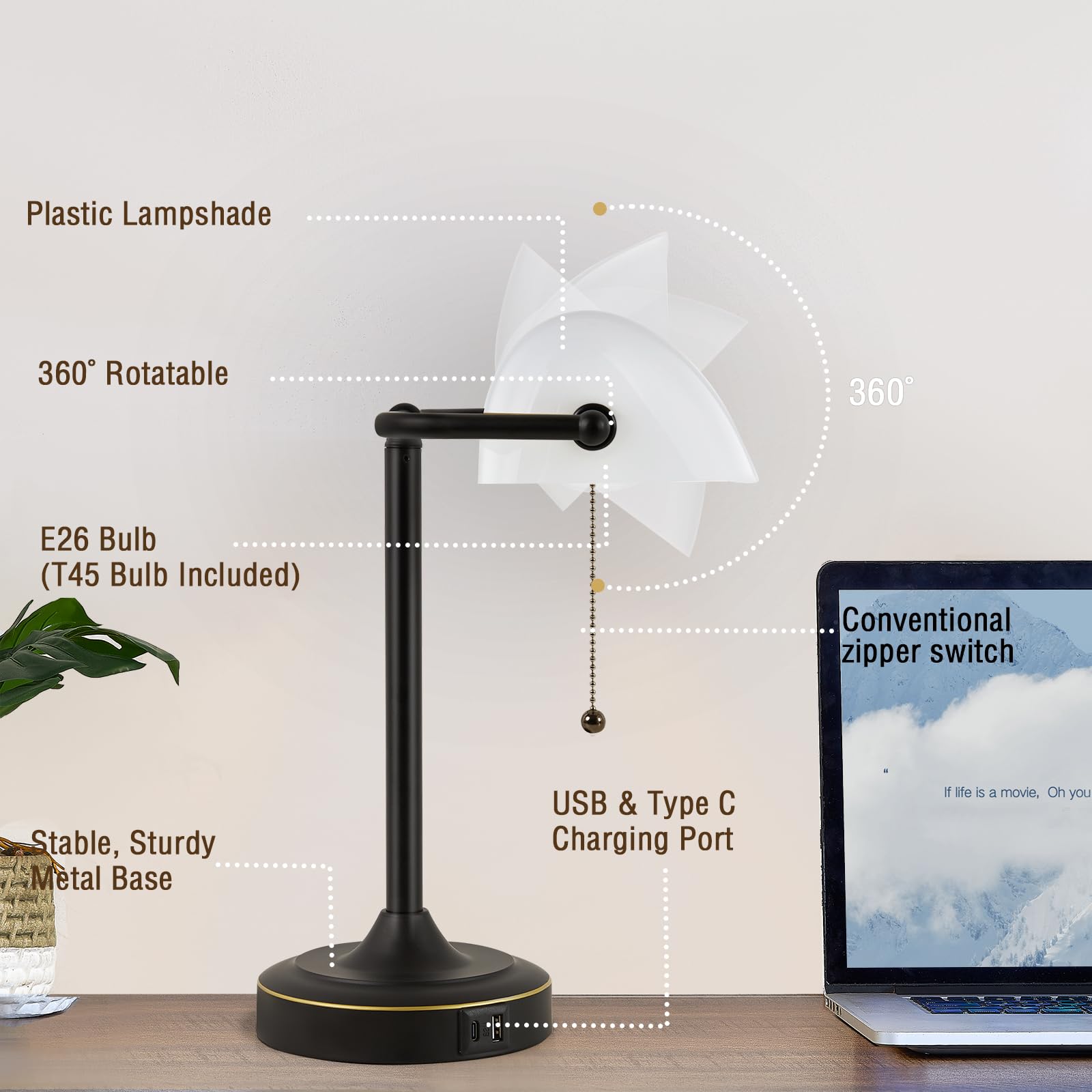 Vintage Desk Lamp Bankers Lamp - Black Retro Table Lamp With Usb & Type C Charging Ports Traditional Pull Chain Switch Library L