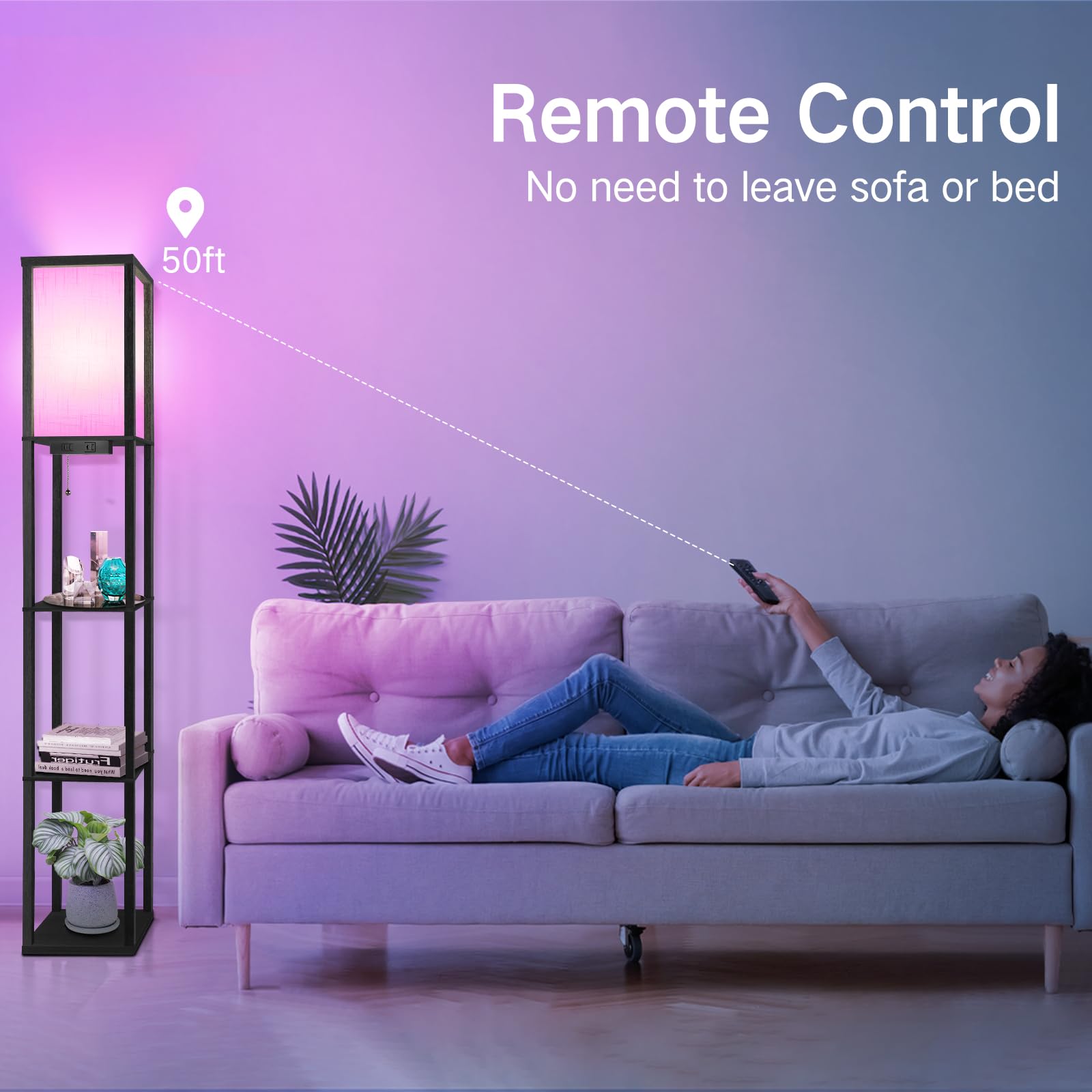 Outon Floor Lamp With Shelves, Led Dimmable Floor Lamp With Remote & App Control, Charging Station, Color Changing, Wood Column