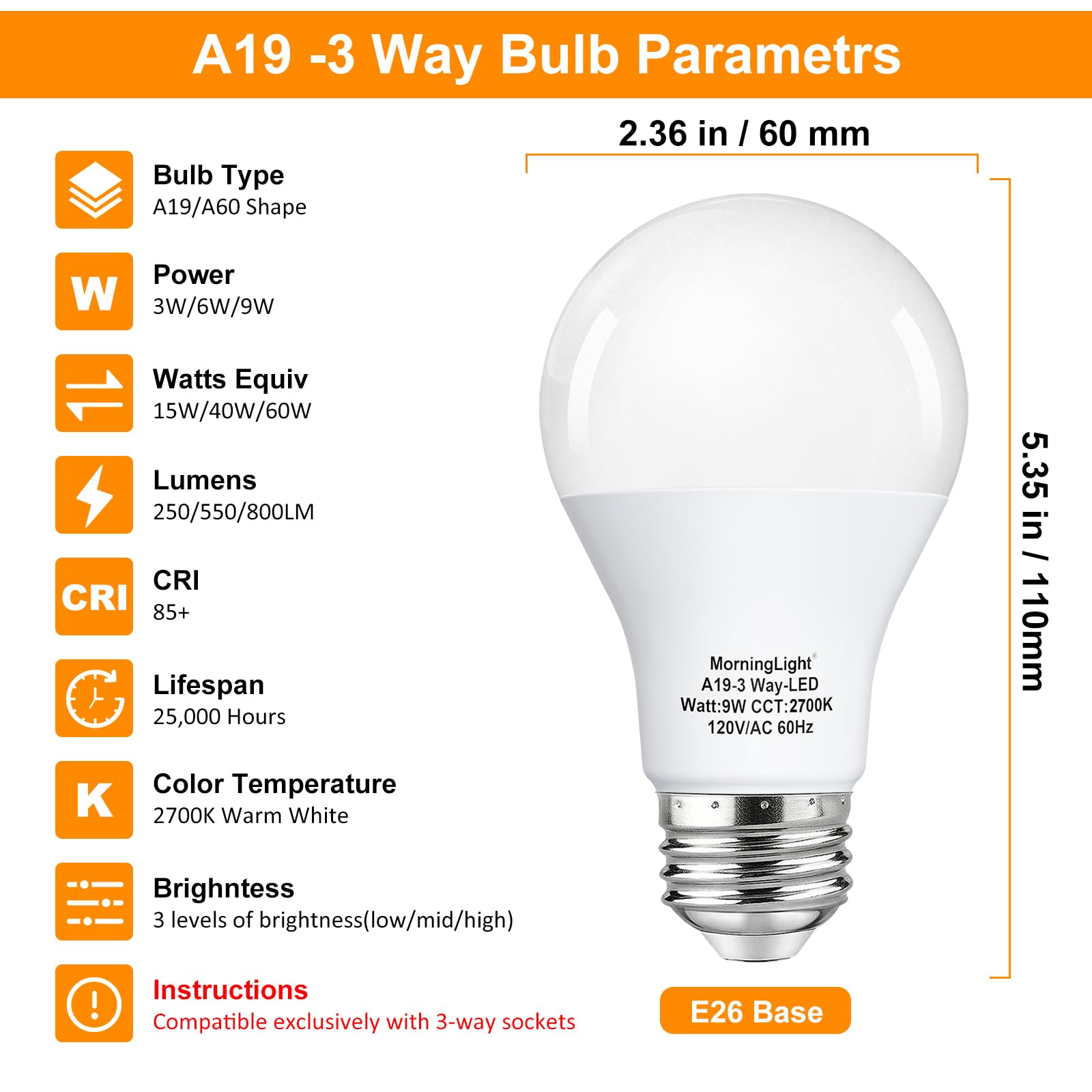 MorningLight A19 3-Way LED Light Bulbs, 15/40/60 Watt Equivalent, 2700K Warm White, E26 Medium Base, 4 Pack