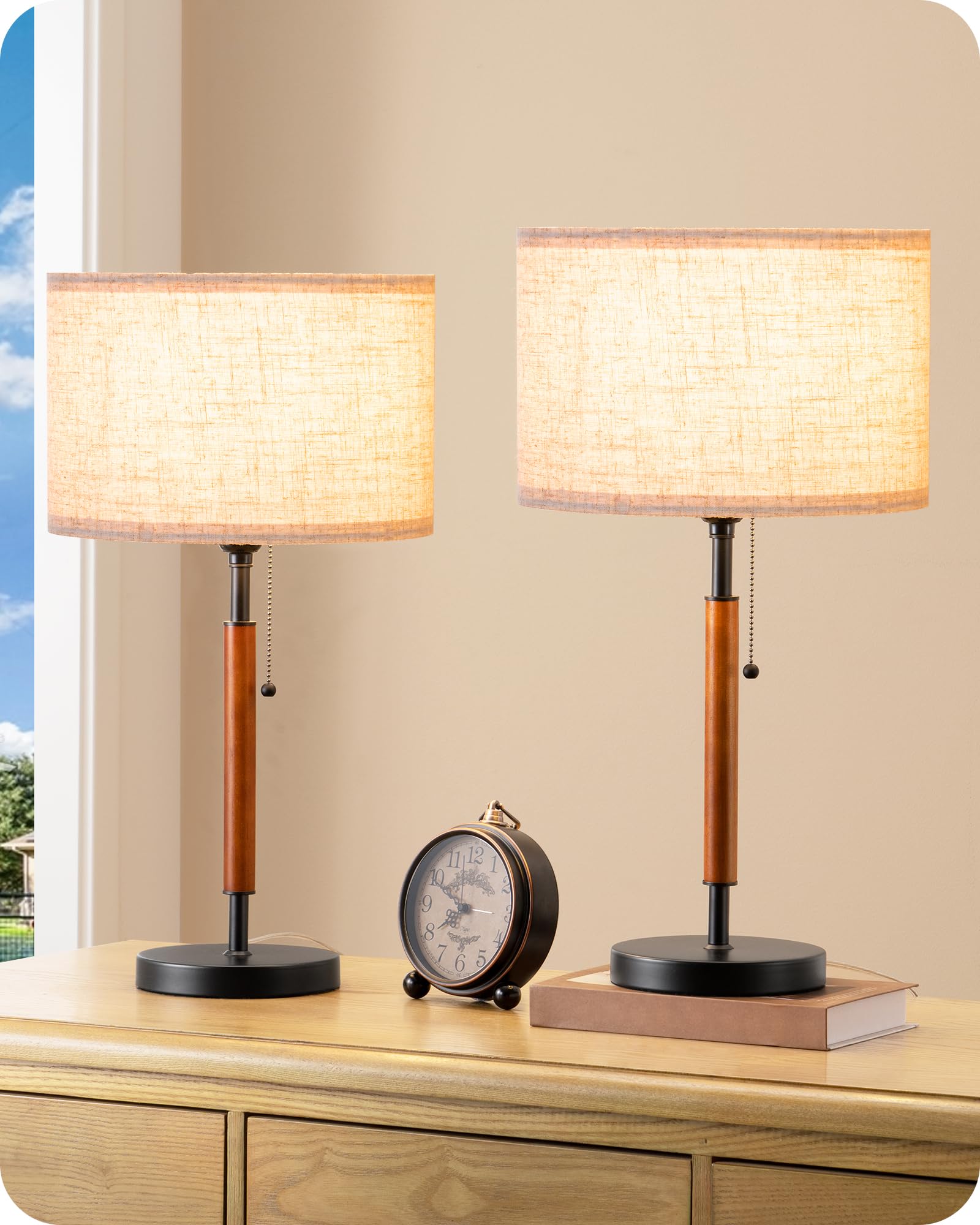 Edishine Mid Century Table Lamp Set Of 2, Pull Chain Switch Bedside Lamp, Linen Shade, Solid Wood Pole & Black Metal Base, Moder