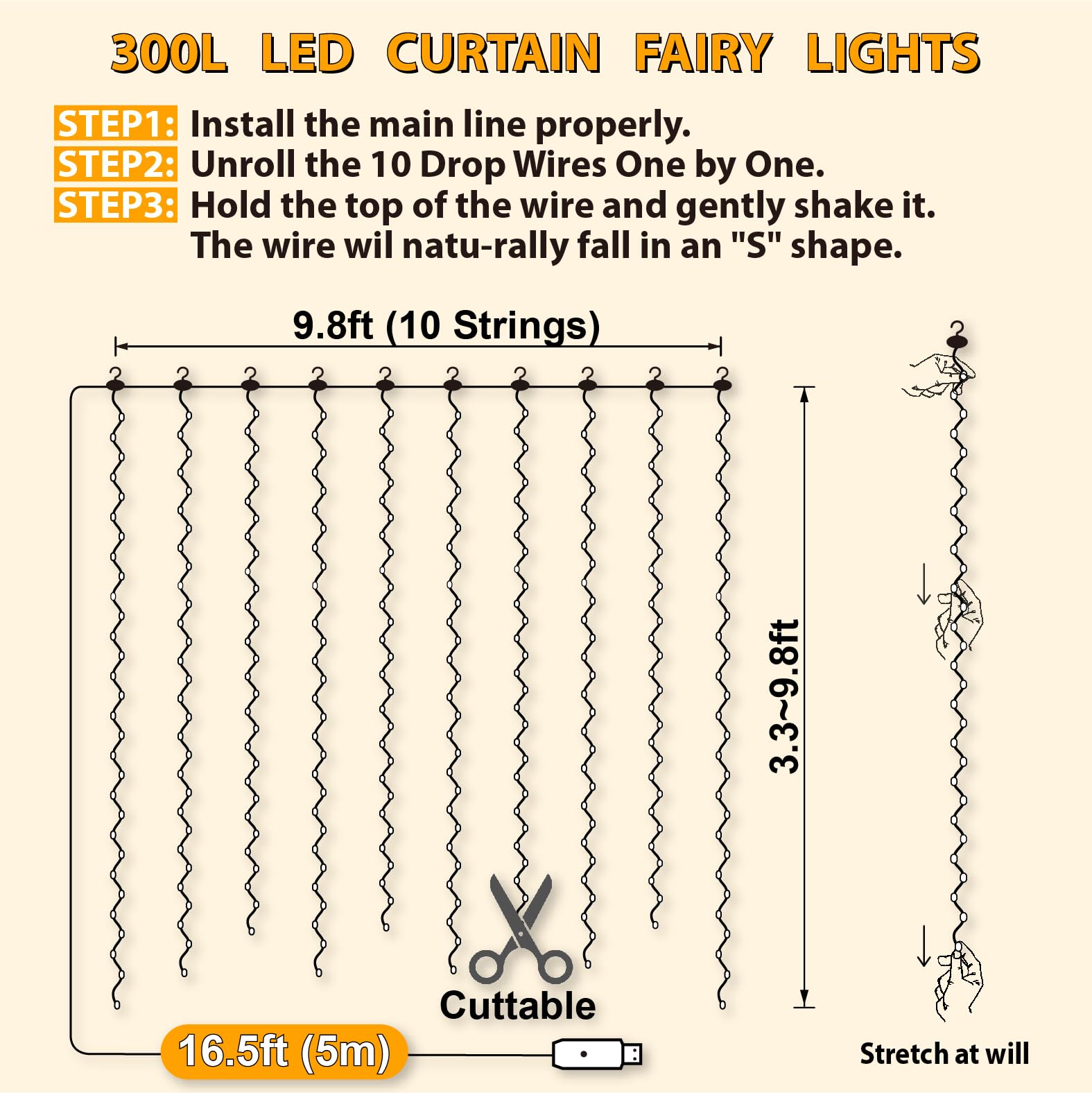 HXWEIYE Fairy Curtain Lights, 300LED, USB Plug, 8 Modes, 9.8x9.8Ft, Warm White, Copper Wire, Model HY100150-300