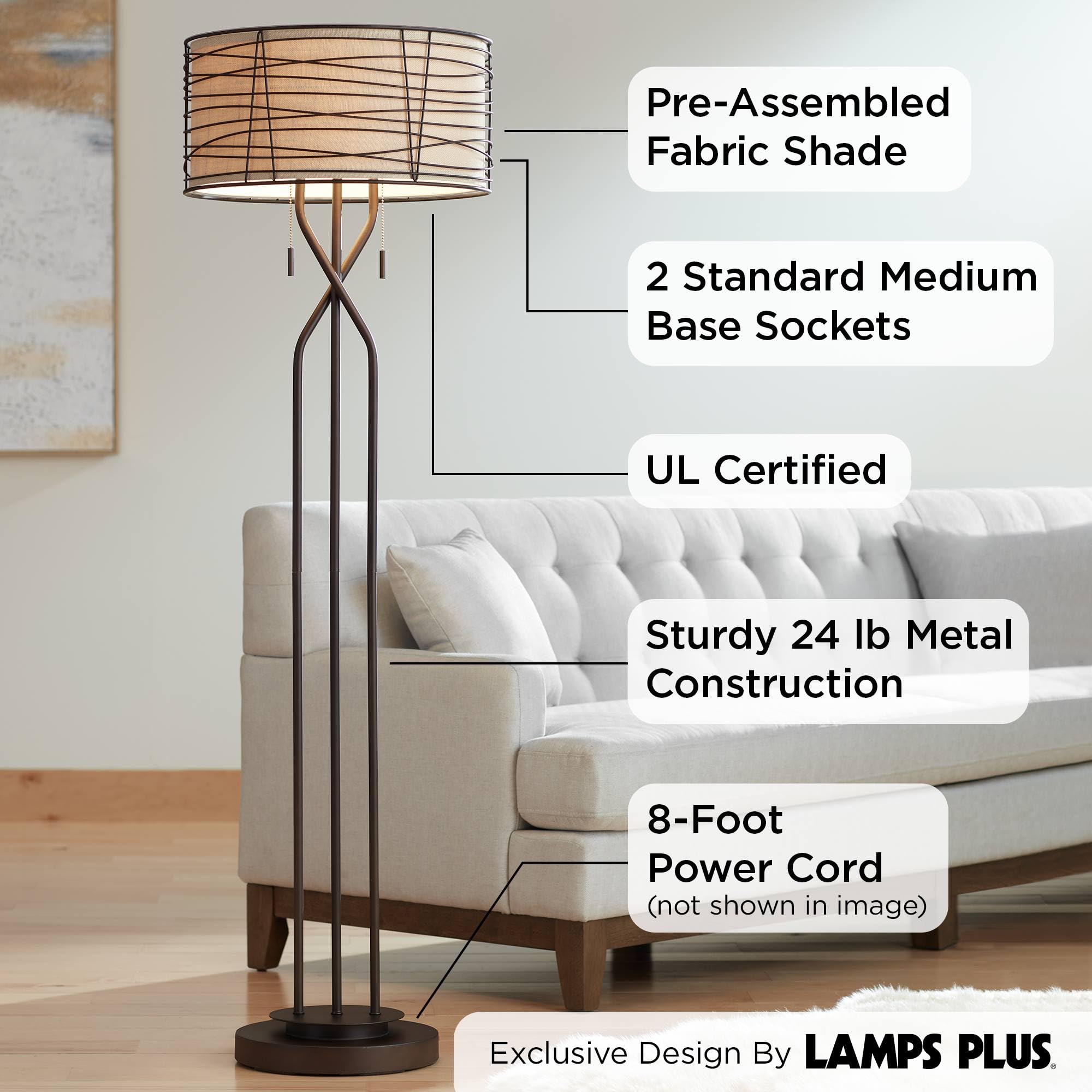 Franklin Iron Works Marlowe Floor Lamp, 60.5in Tall, Bronze Metal with Burlap Fabric Shade, Industrial Rustic Design for Living Room/Bedroom