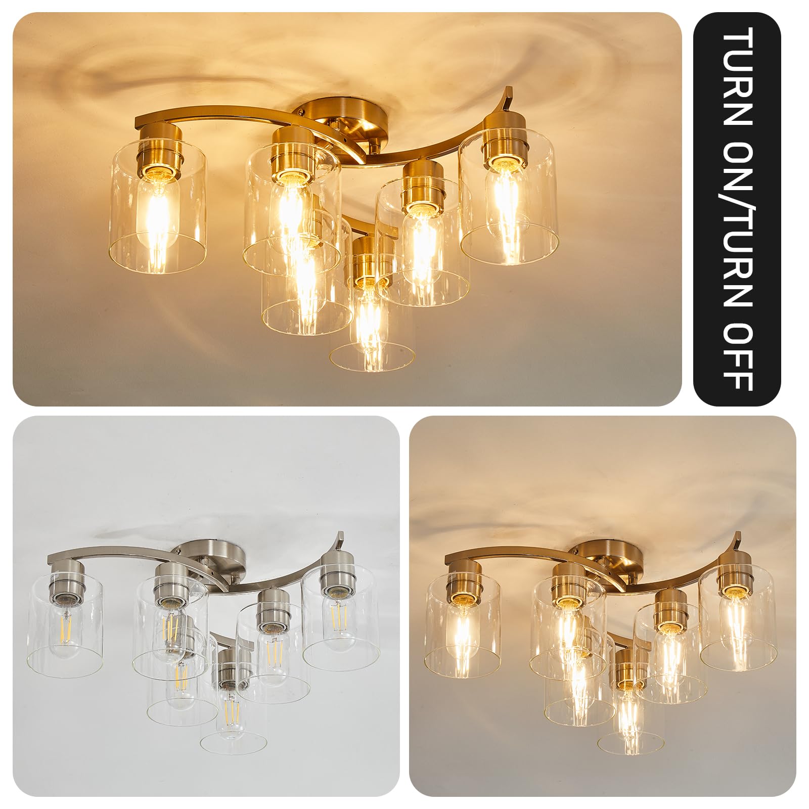 Eatich 6-Light Semi Flush Mount Ceiling Light, Modern Brushed Nickel Ceiling Light Fixture, Dining Room Light Fixture With Clear Glass Shade, Kitchen Light Fixtures Ceiling Mount For Bedroom Entryway