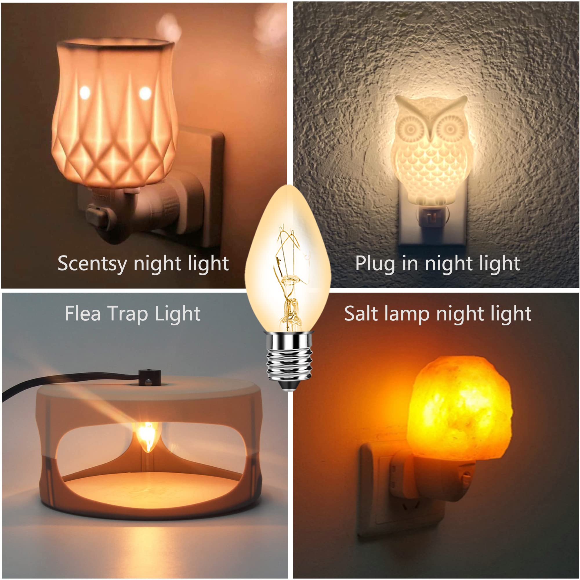 Night Light Bulb 4 Watt C7 Clear for Plug in Night Light Window Candle String Light Christmas Village as Replacement Bulb E12 Ca