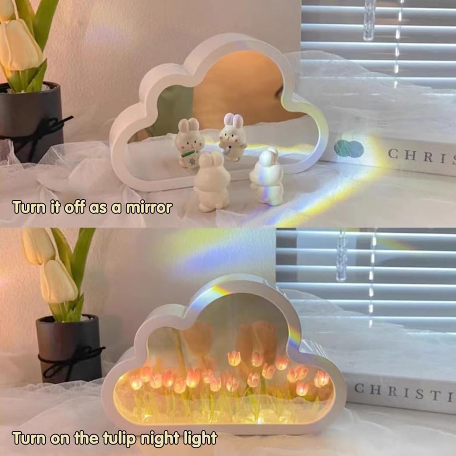 Yckeogln DIY Cloud Tulip Mirror Night Light, Pink Plastic Table Lamp for Bedroom Decor, Model YK-Cloud Tulips Light