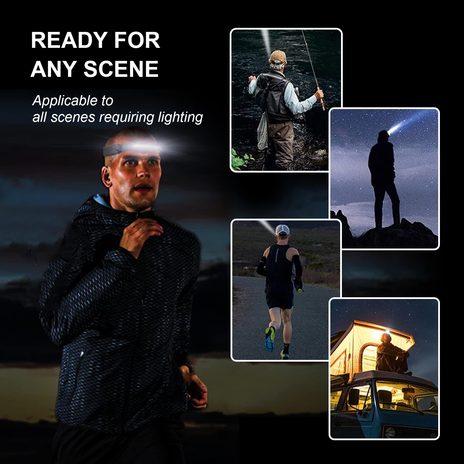 INWOSNEY LED Headlamp 2 Pack, Rechargeable Motion Sensor, Waterproof, COB XPE, Lightweight, Black, Model HL-2PCS