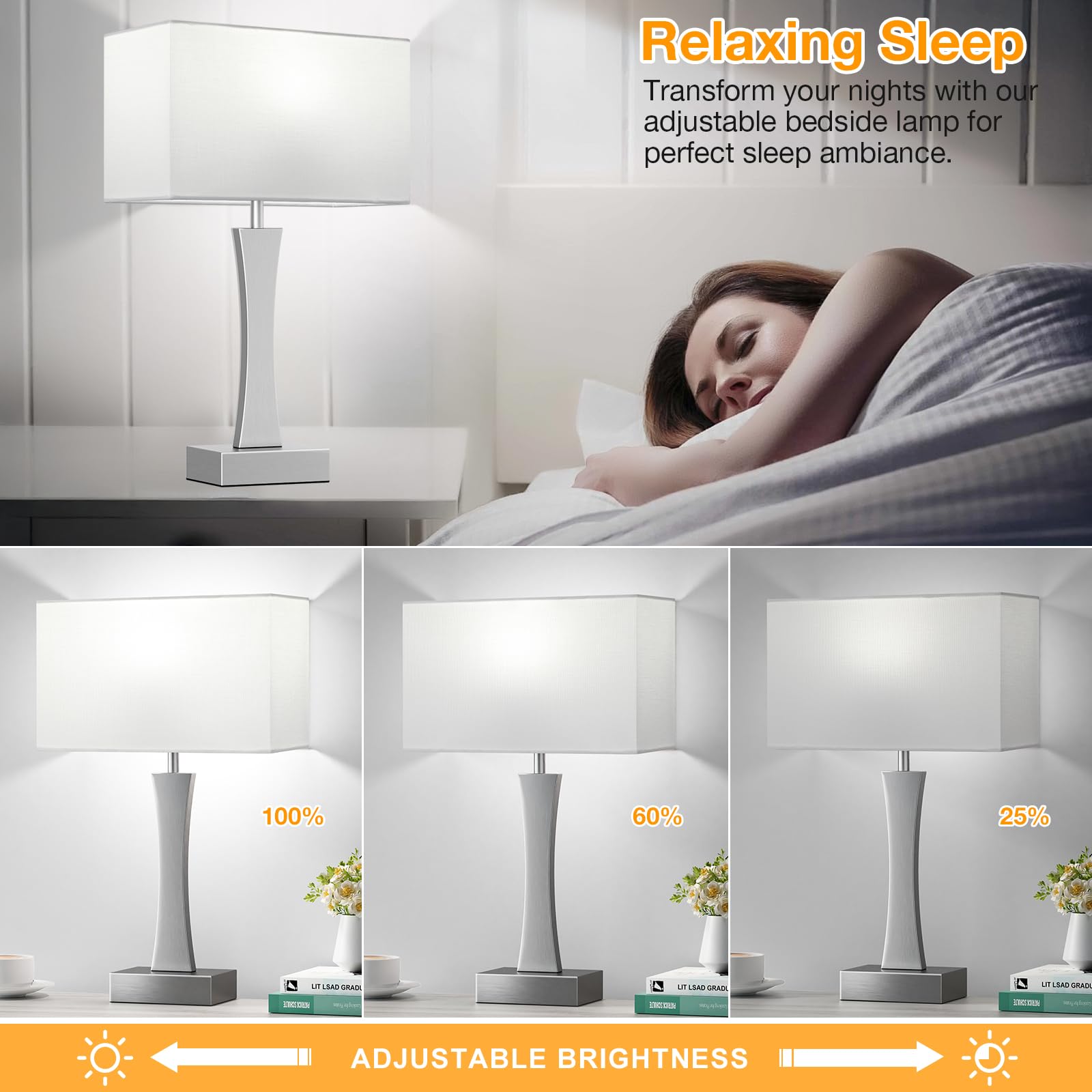 Seealle Bedside Lamps Set of 2 - 3 Way Dimmable, Touch Control, USB C+A Ports, Metal, Silver