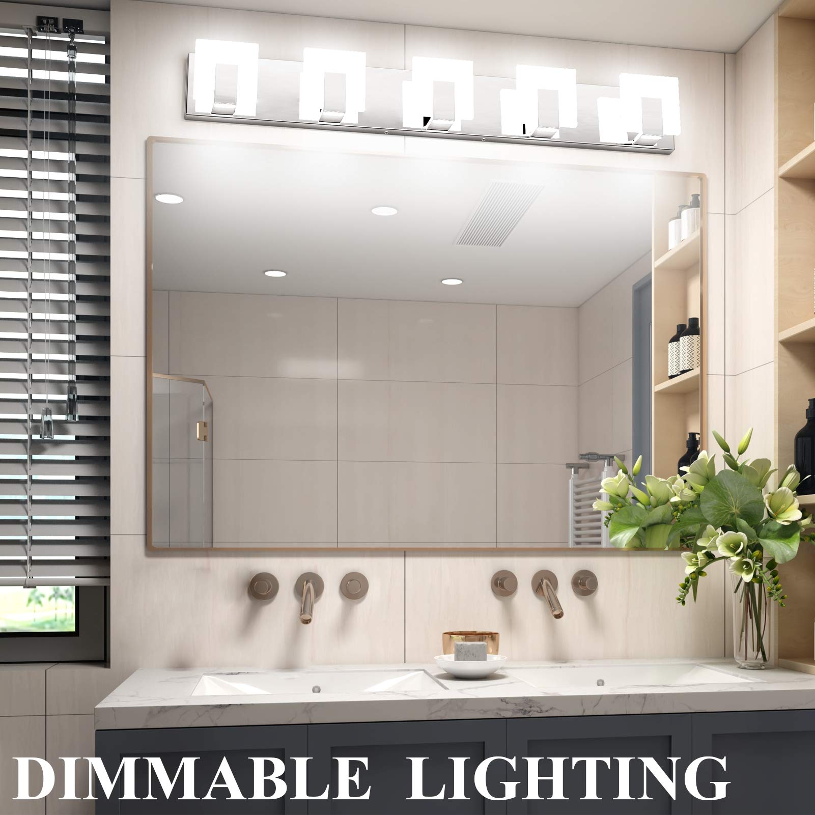 Aipsun Dimmable 5 Lights LED Bathroom Vanity Light Fixture - Chrome Stainless Steel, Model Ca-1105-5T-D, Over Mirror Lighting