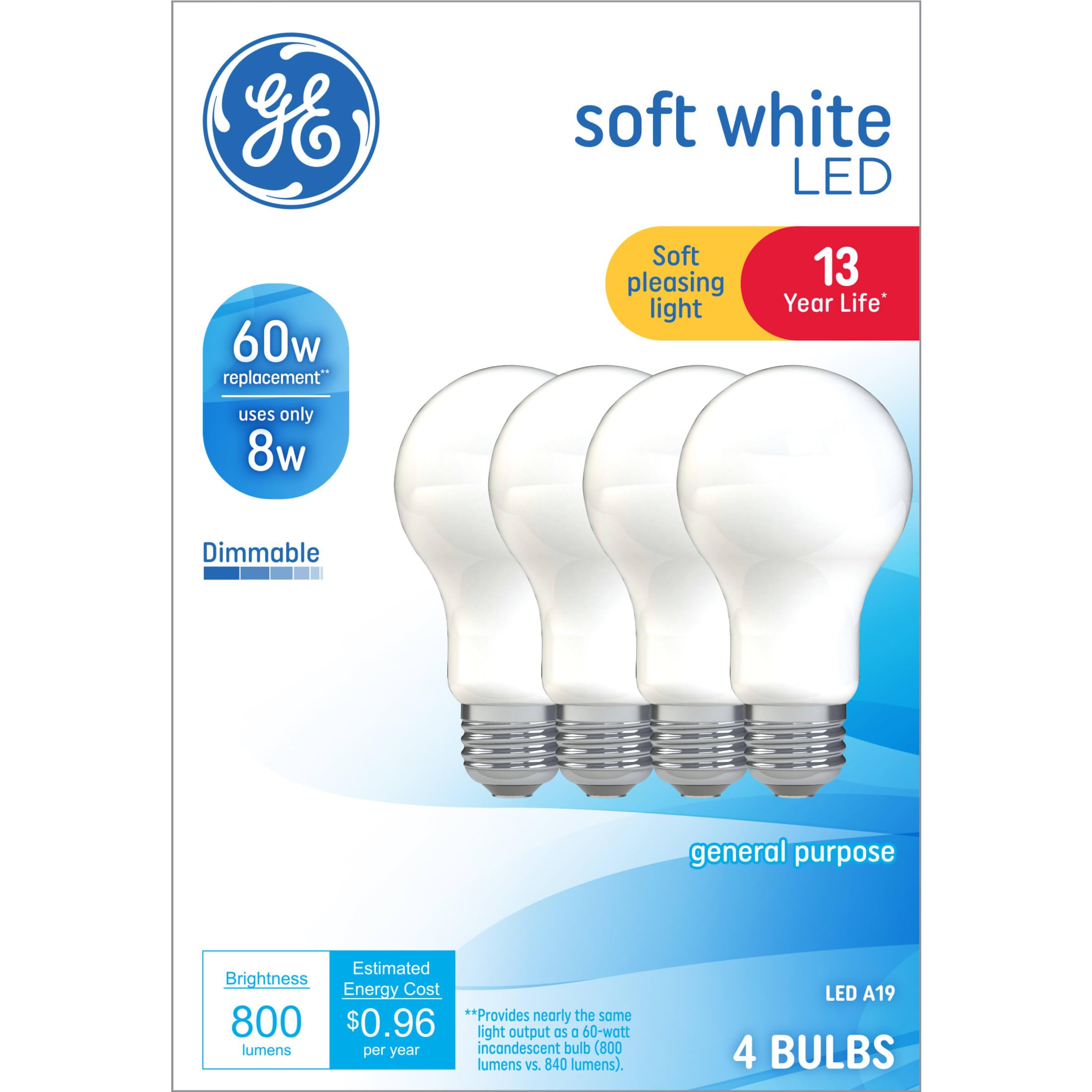 8 Pack Ge Led 60W = 10W Soft White 60 Watt Equivalent A19 2700K Light Bulb