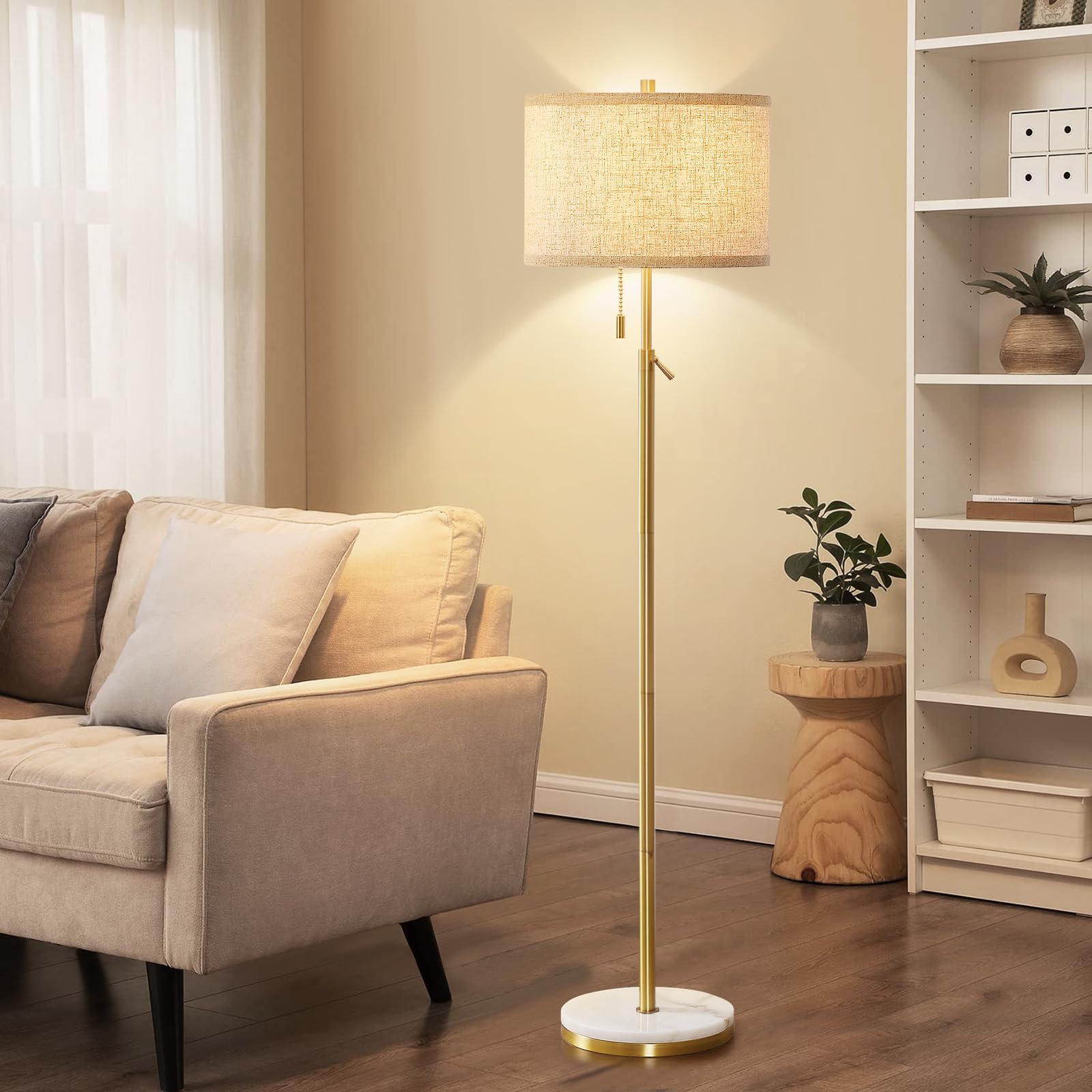 GyroVu Marble Floor Lamp, Adjustable Height, Gold, Stone Base, Pull Chain Switch, Tall Lamp for Living Room, Bedroom, Office
