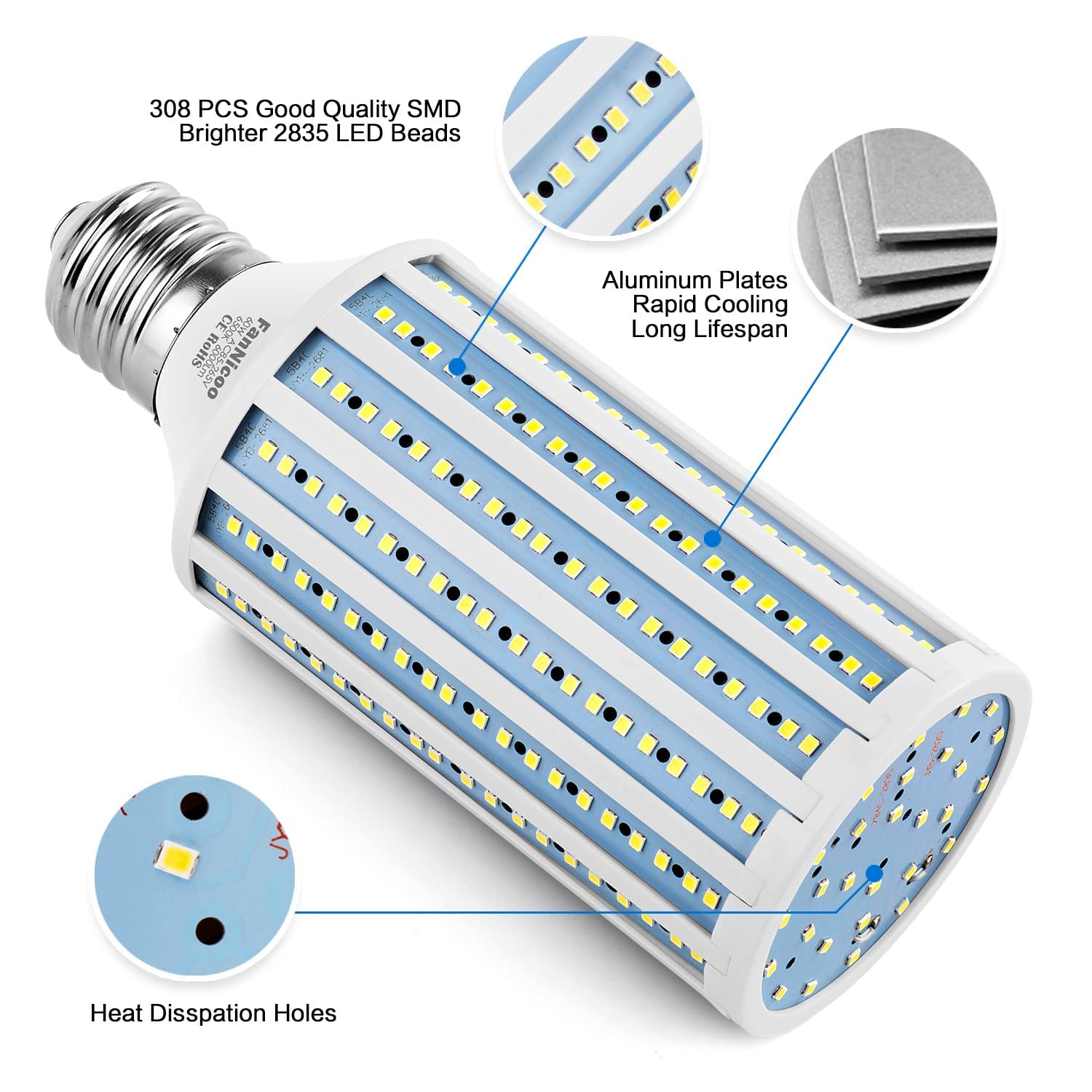 Led Corn Light Bulb 500W Equivalent 60W 6000Lumen 6500K E39 Mogul Base Led Corn Bulb Large Area Cool Daylight White Corn Lamp Fo