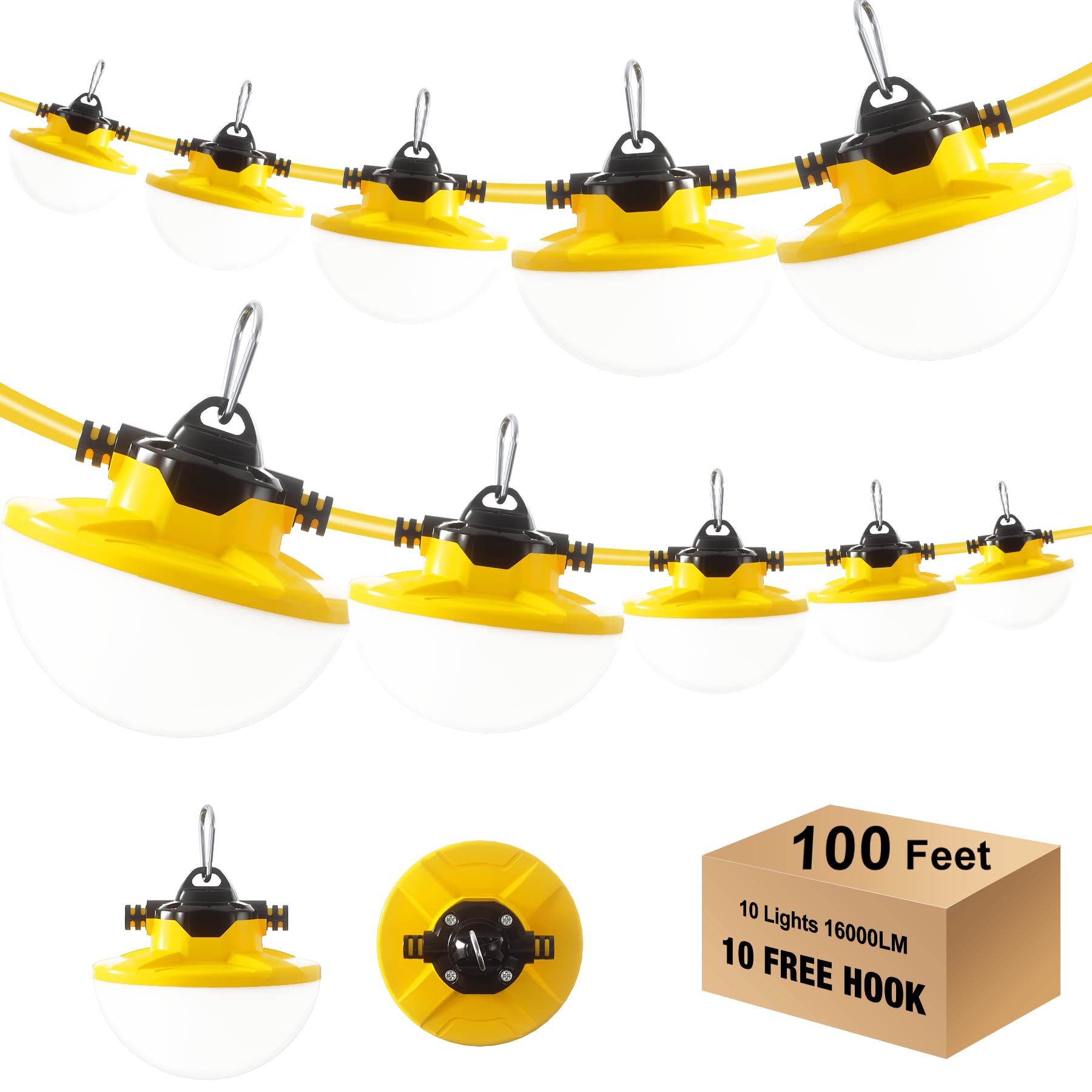 JC-LGL 100FT Construction String Light 130W 16000Lm, 5000K Industrial Grade LED String Work lights, IP65 Waterproof Temporary Li