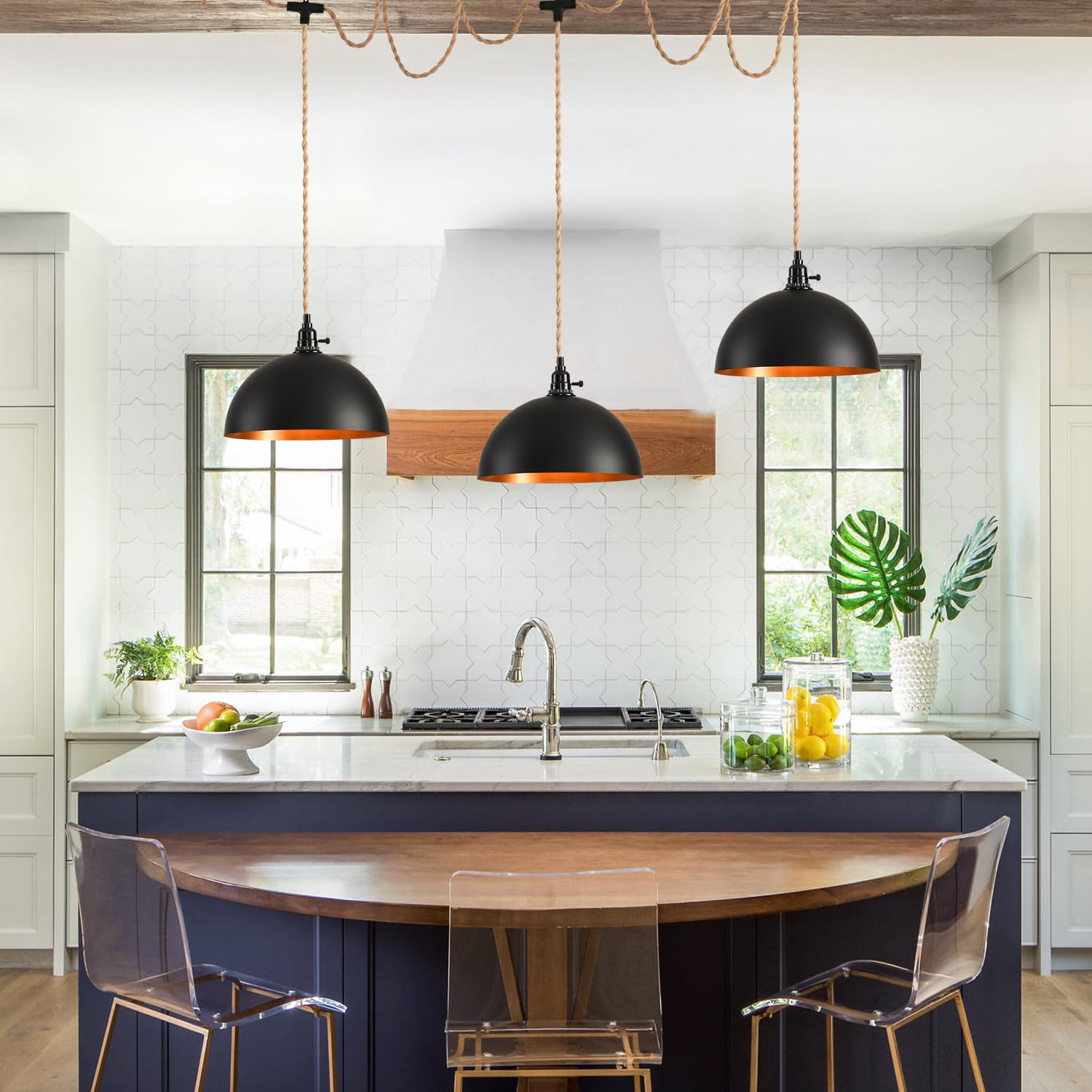Kenmi 3-Light Hanging Light With Plug In Cord,Plug In Pendant Light 22Ft Hemp Rope Pendant Lighting Vintage 3-Light Hanging Lamp