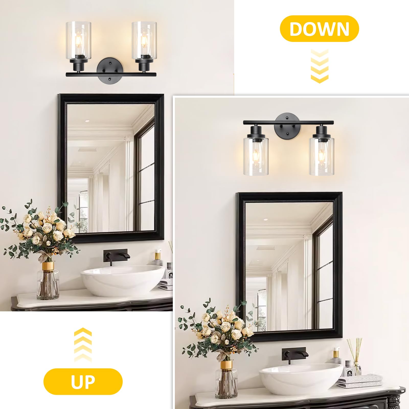 Unicozin 2 Light Vanity Lights, Black Wall Sconce Light With Clear Glass, Bathroom Light Fixtures, Wall Lights For Mirror, Livin