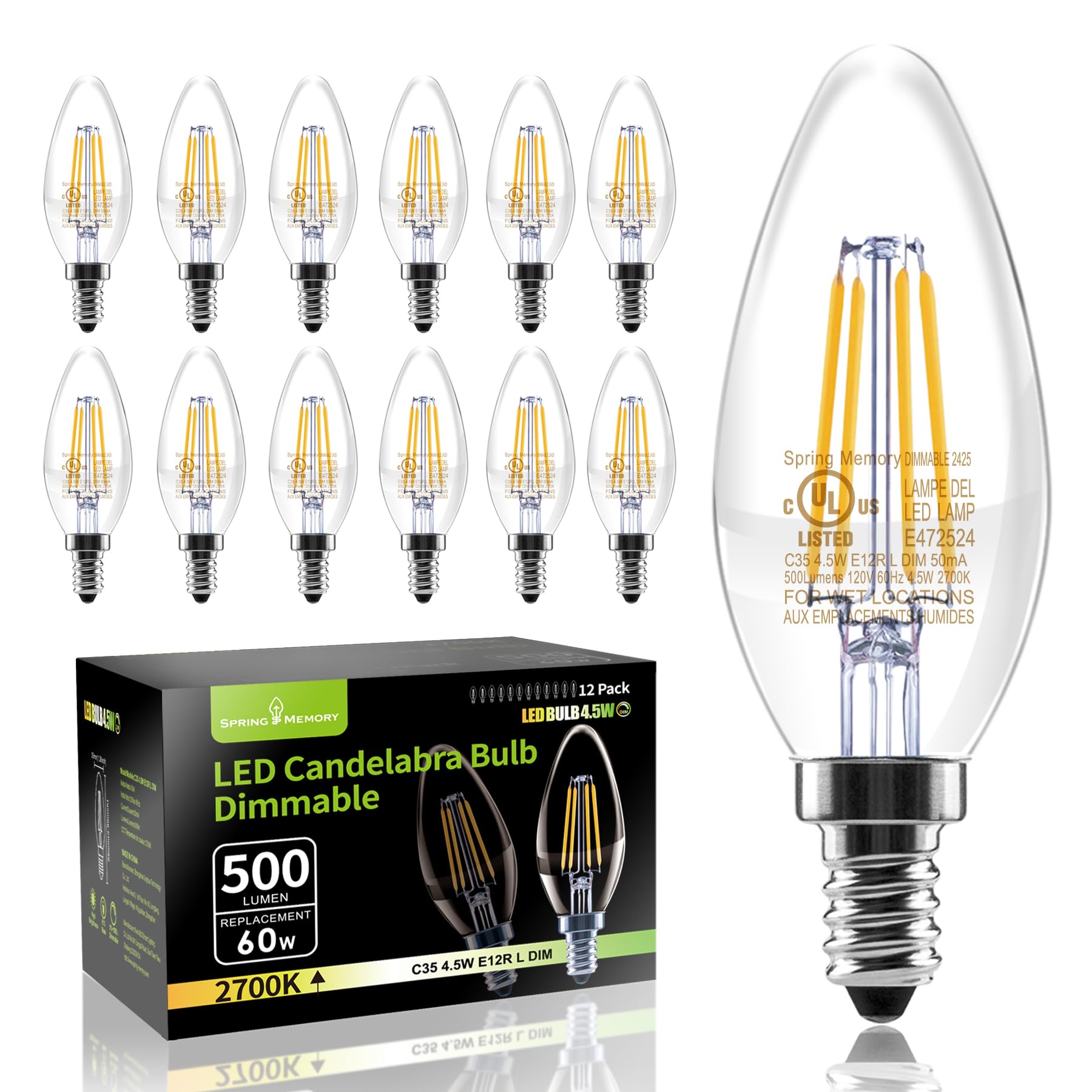 Spring Memory 12 Pack E12 Dimmable 60W Equivalent LED Chandelier Light Bulbs, 4.5W Clear 2700K Soft Warm White 500LM B11 Vintage