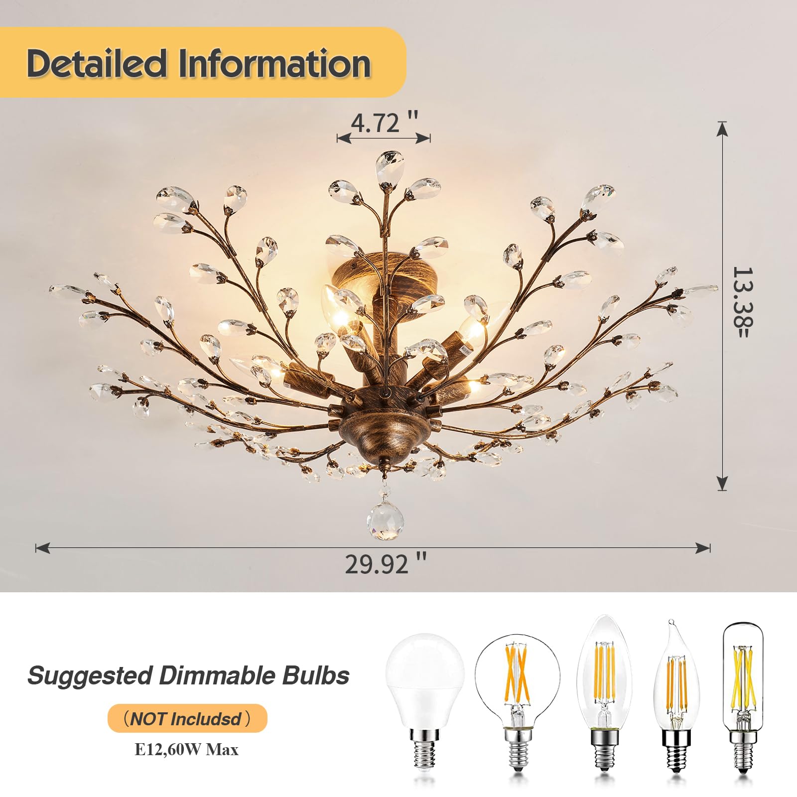 CVKASH 5-Light Vintage Crystal Chandelier, Modern Bronze Iron Ceiling Fixture, 30 Inch for Kitchen, Dining, Living Room, Bedroom, Hallway