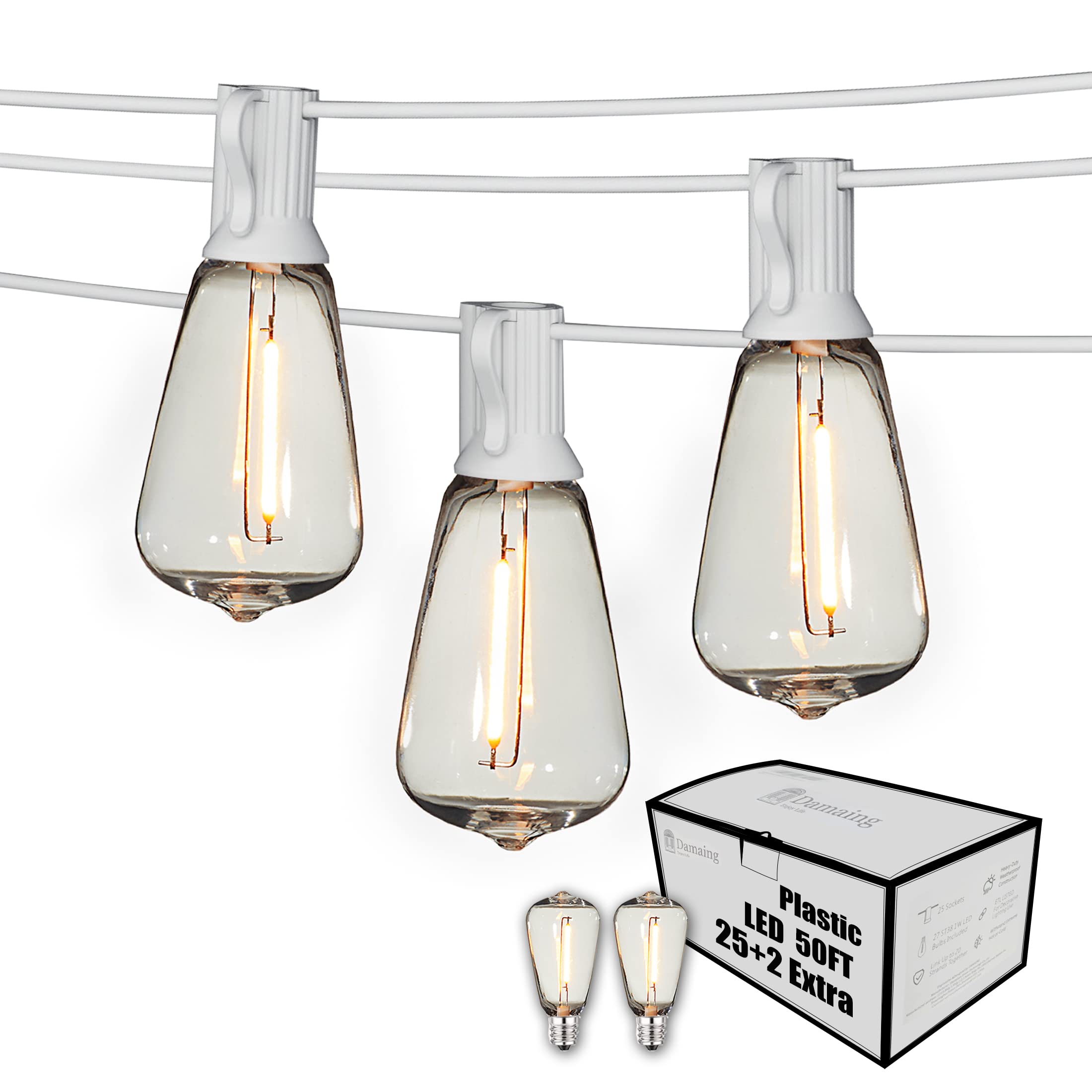 Damaing 50Ft Outdoor String Lights, Waterproof Led Patio Lights With 27 Shatterproof Vintage Bulbs, White Cable, Model Us050025