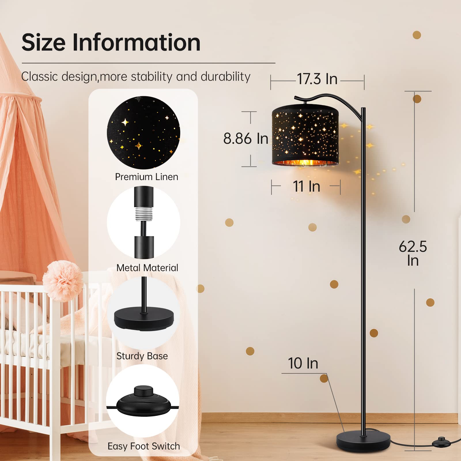 BoostArea Arched Floor Lamp - 8W LED, Metal, Black, Bohemian Linen Shade, Footswitch, Modern Standing Lamp for Living Room & Office