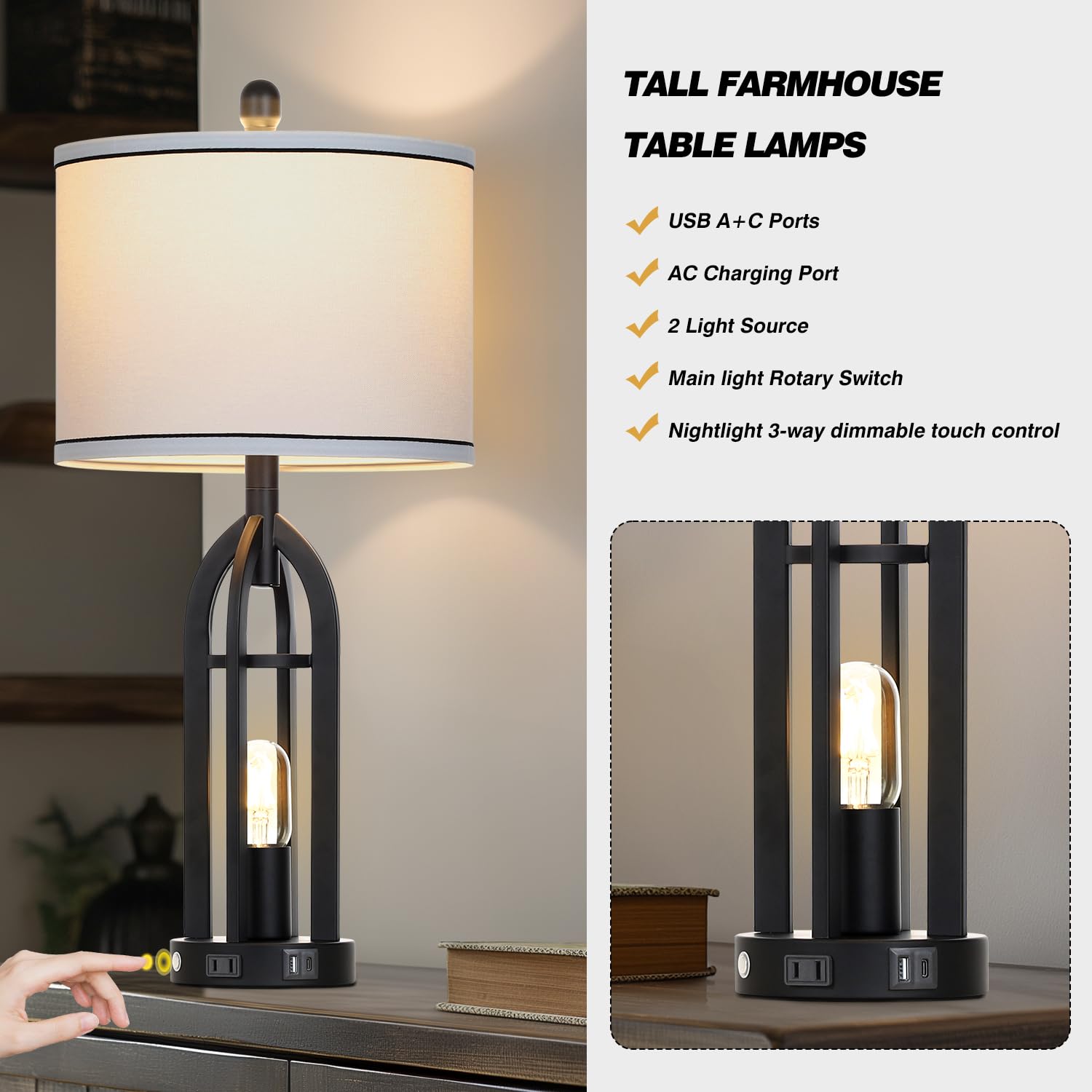 27'' Black Table Lamp For Living Room,Black Table Lamps Set Of 2 With Usb & Ac Outlet, 3-Way Dimmable Farmhouse Lamps For Night