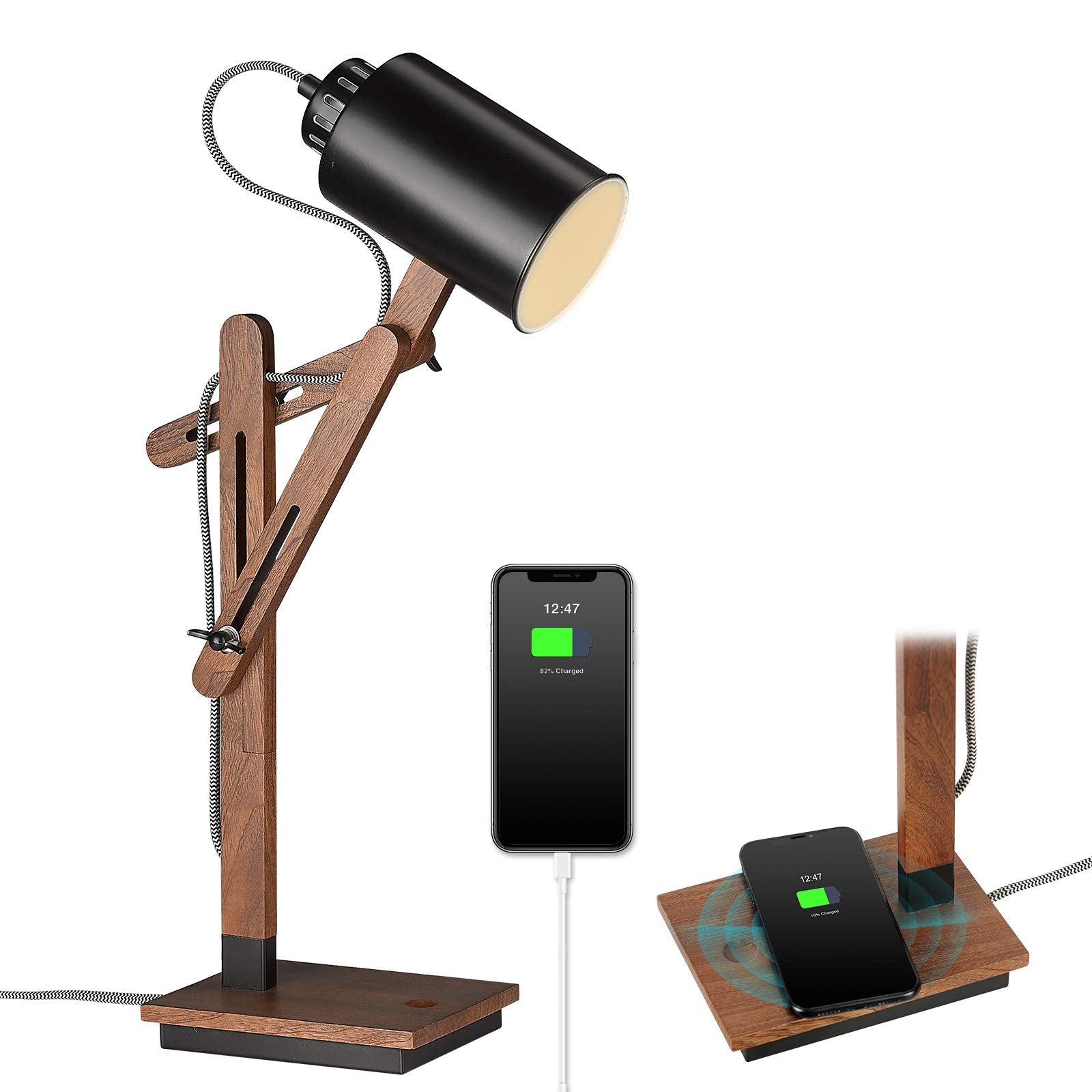 ELYONA Touch Control Desk Lamp with Wireless Charging & USB Port, Sapele Wood Reading Task Light,Adjustable, Swing Arm Table Lamp for Bedroom, Study Work, Office, Dorm, LED Bulb Included, Black