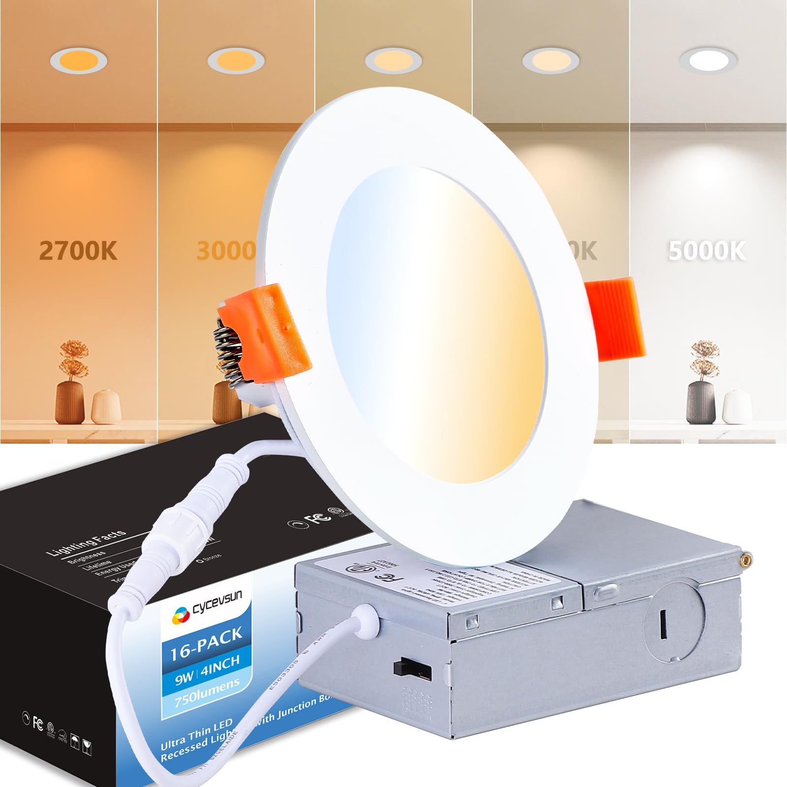 Cycevsun Recessed Lighting 4 Inch 16 Pack Canless Ultra Thin Wafer Downlight Soffit Ceiling, Dimmable & 5 Color Temperature Selectable, 9W, 120V, Etl & Energy Star