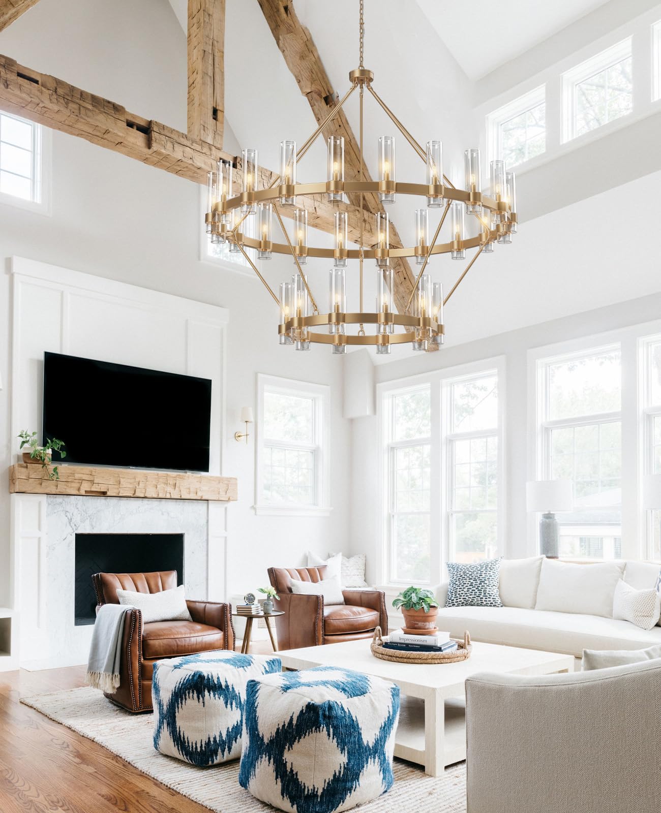 Yiosi 30-Lights Gold Chandelier,Wagon Wheel Chandelier With Glass Shade,60 Inch Large Round Industrial High Ceilings Pendant Lig