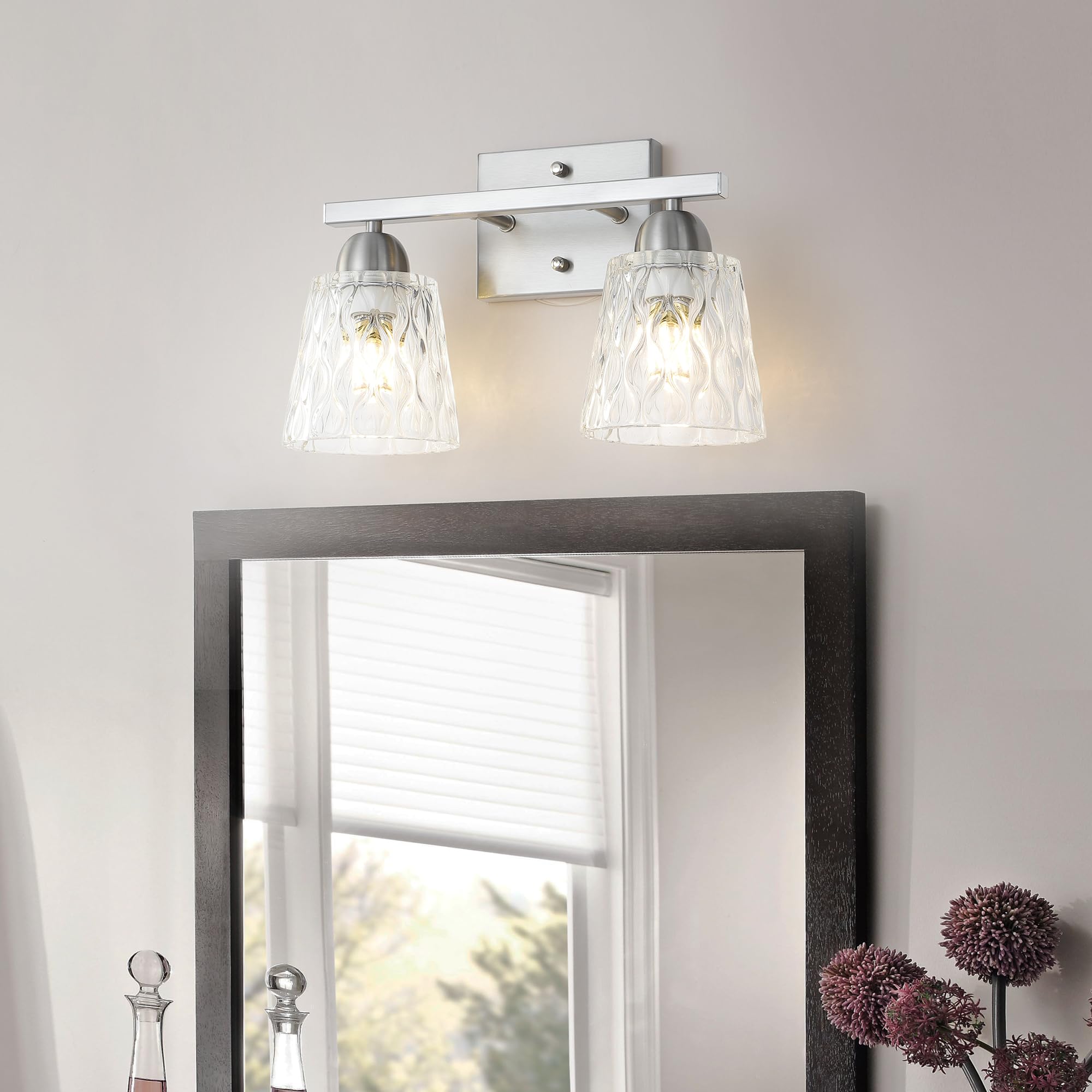 Mecgirn Stainless Steel 2 Light Bathroom Vanity Light, Brushed Nickel Bathroom Light Fixtures With Textured Glass Shades, Modern Vanity Lighting Wall Mount Over Mirror