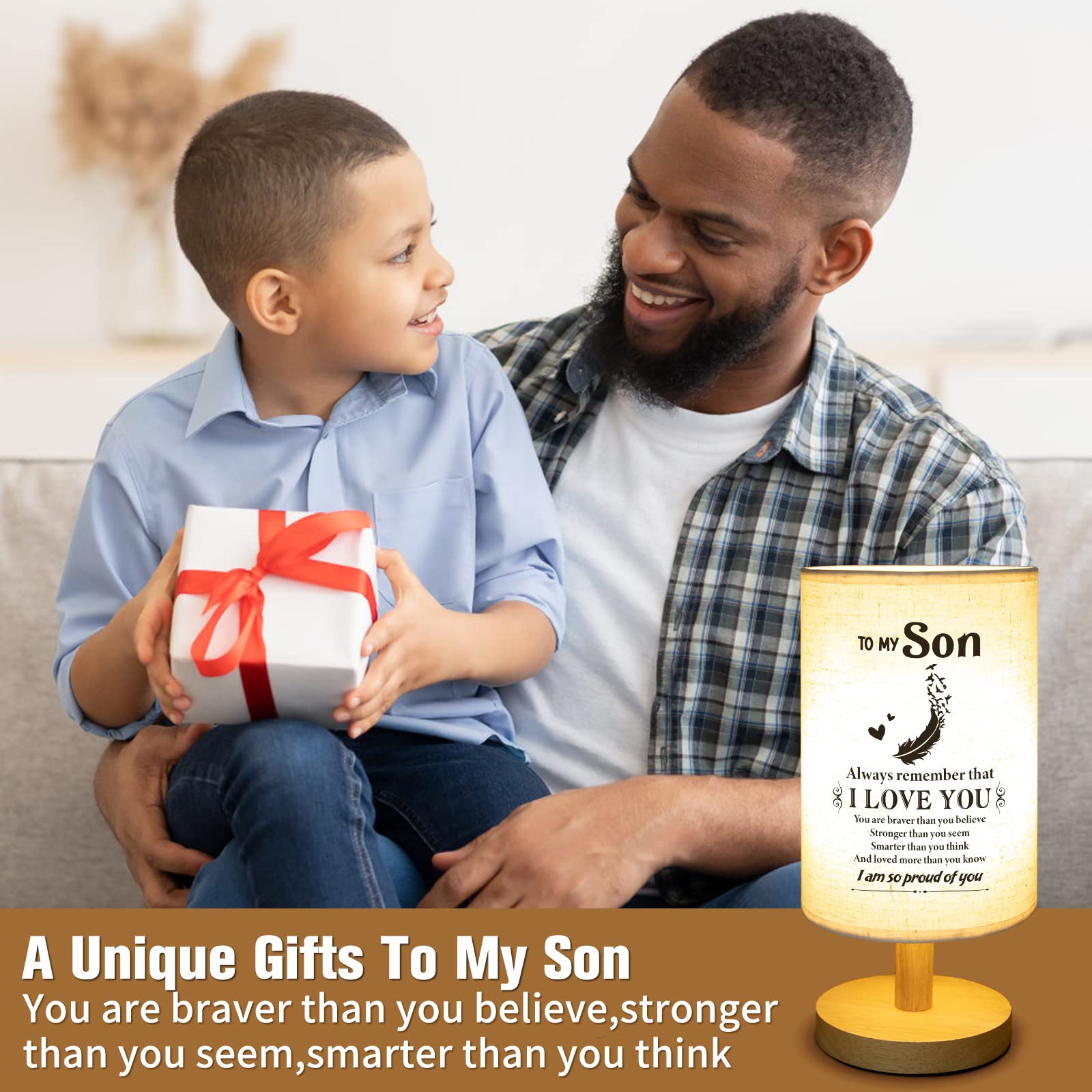 Souhoney Gifts For Son For Fathers Day From Mom Dad- Fabric Wooden Desk Lamp For Bedroom Living Room For Son Adult Graduation Se