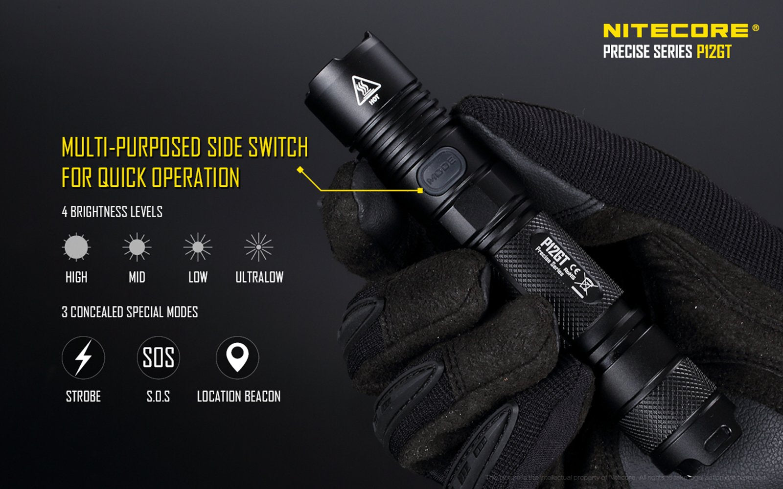 Nitecore P12GT Flashlight 1000 Lumen Cree XP-L Hi V3 LED, Small, Black with Free Andrew & Amanda Pen