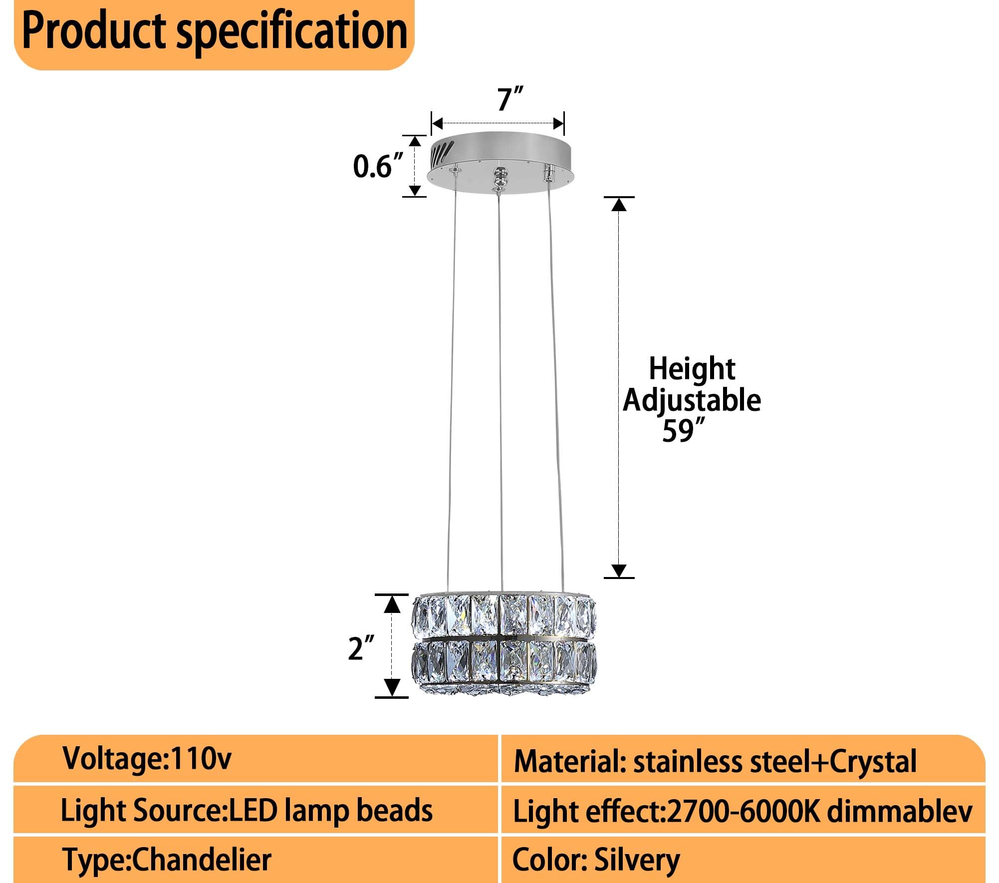 IDEQUY Modern Crystal Chandelier, Dimmable LED Pendant Light, 11.8" Silver, Stainless Steel & Crystal, Model CF8024-30Y